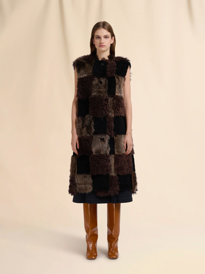 BROWN MIXED SHEARLING LONGLINE VEST - 2