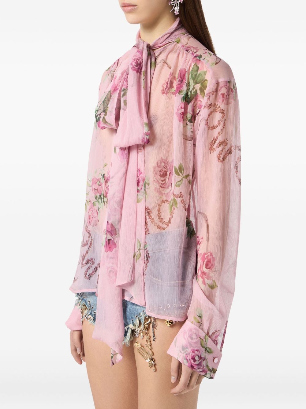 floral-print tie-neck blouse - 4
