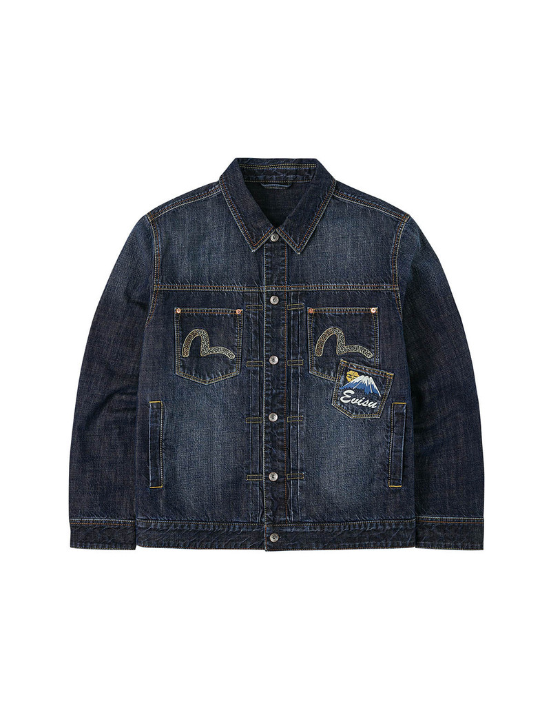 Washed Multi-Pocket with Lion Dance Print Relax Fit Denim Jacket - 1