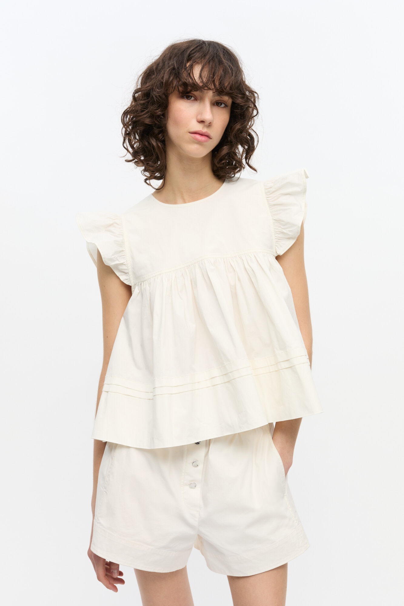 WHITE STRETCH COTTON FRILL SLEEVE TOP - 2