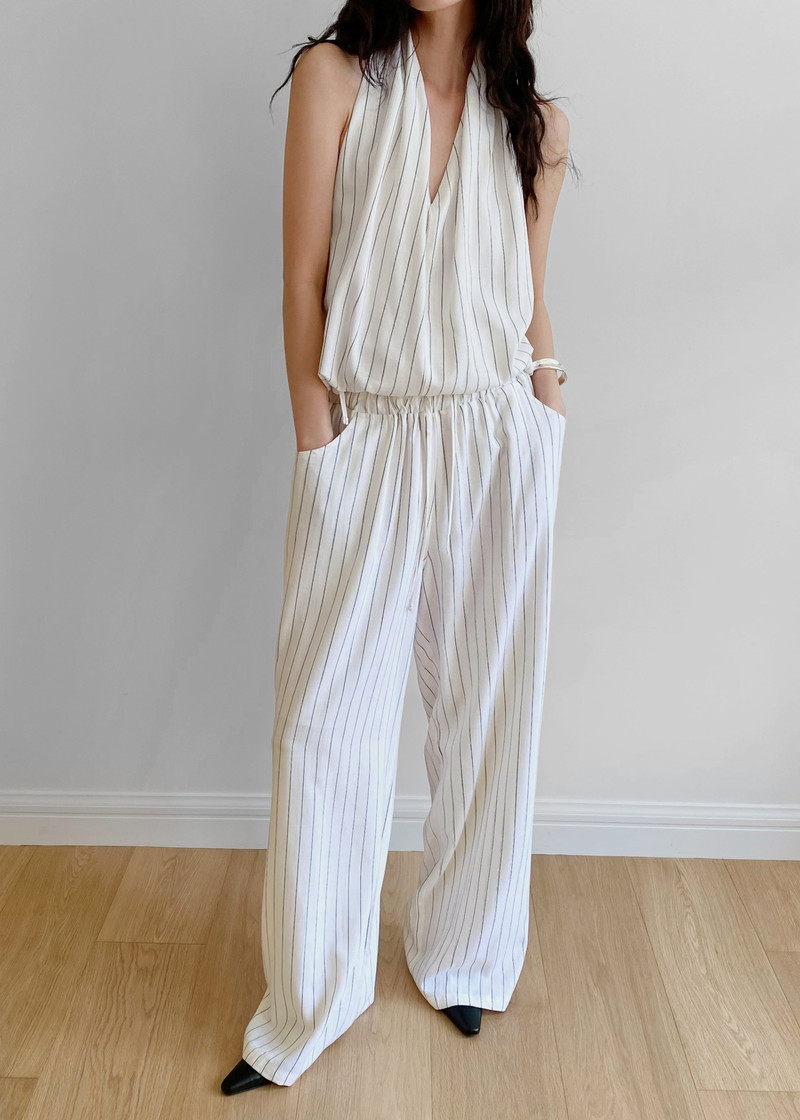 Branton Drawstring Halter Top - White/Black Pinstripe 3