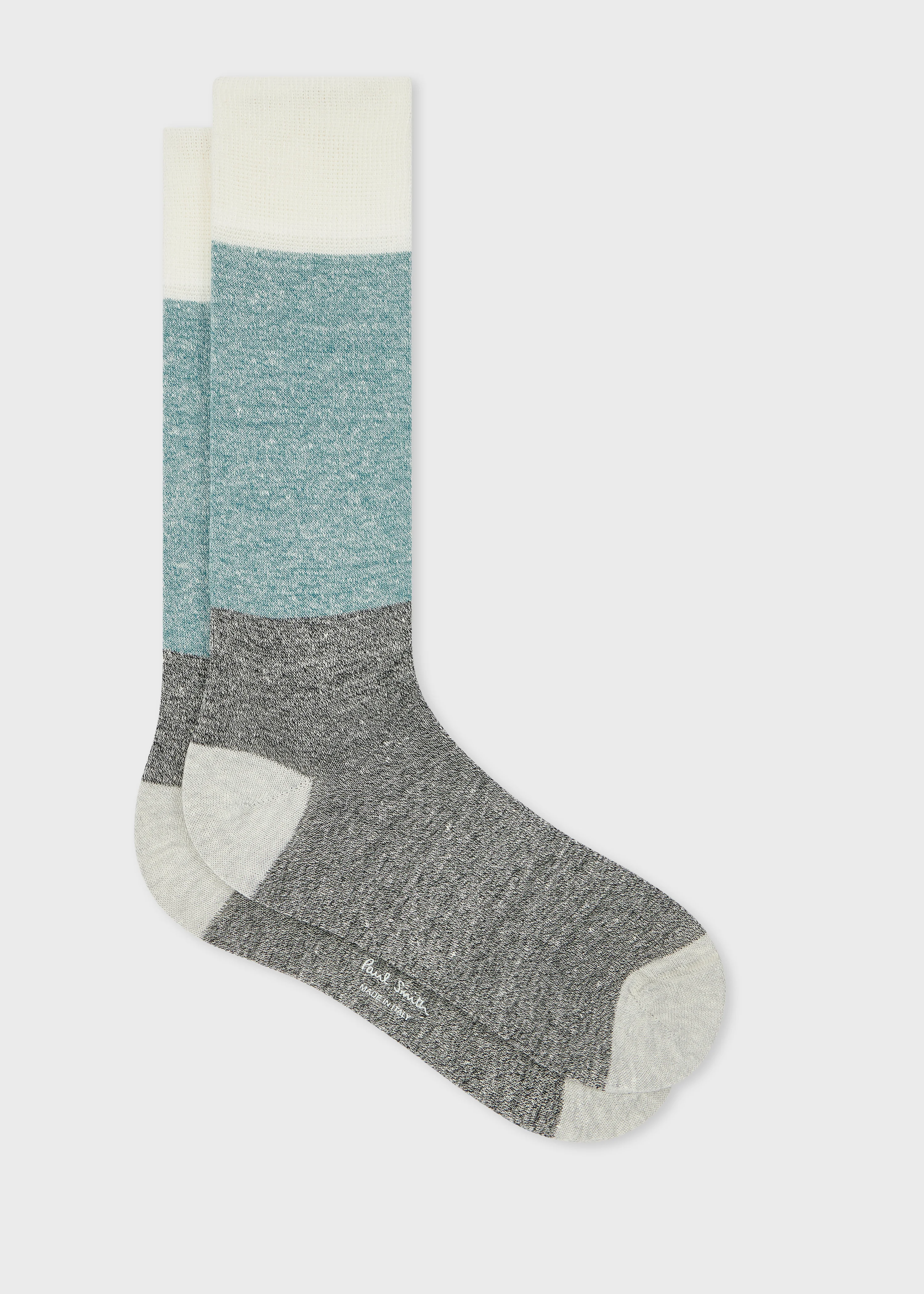 White and Teal Linen-Blend Socks - 1