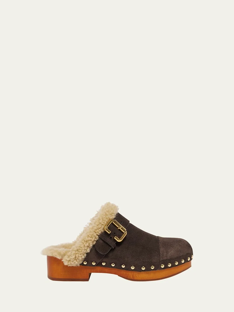 Jeanette Suede Shearling-Lined Clogs - 1