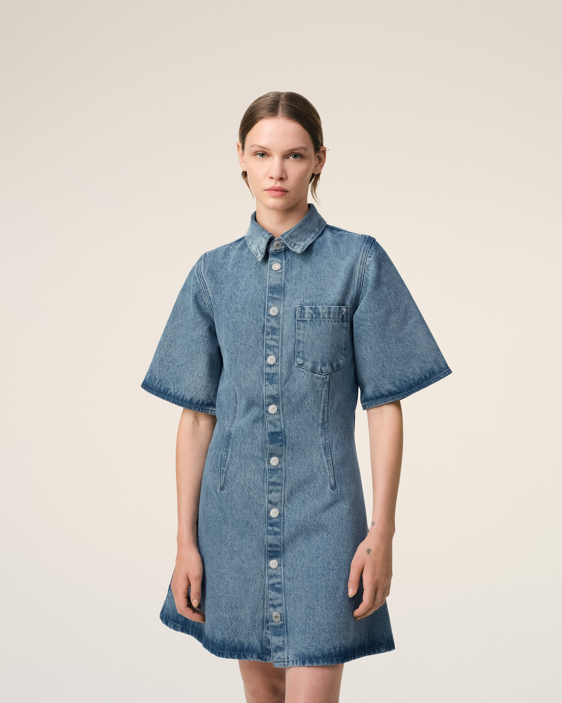 BLUE COTTON SHORT SLEEVE SHIRT DRESS - 3