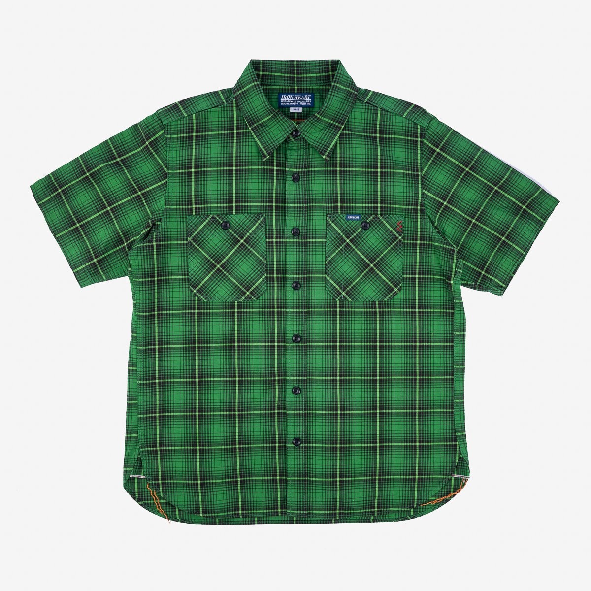IHSH-392-GRN 5oz Selvedge Short Sleeved Work Shirt - Green Vintage Check - 1