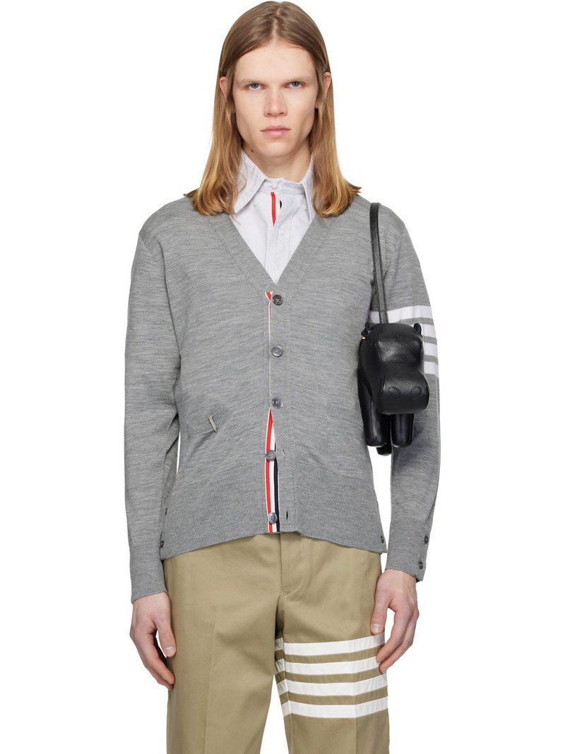 Gray Merino Wool 4-Bar Classic V-neck Cardigan 1