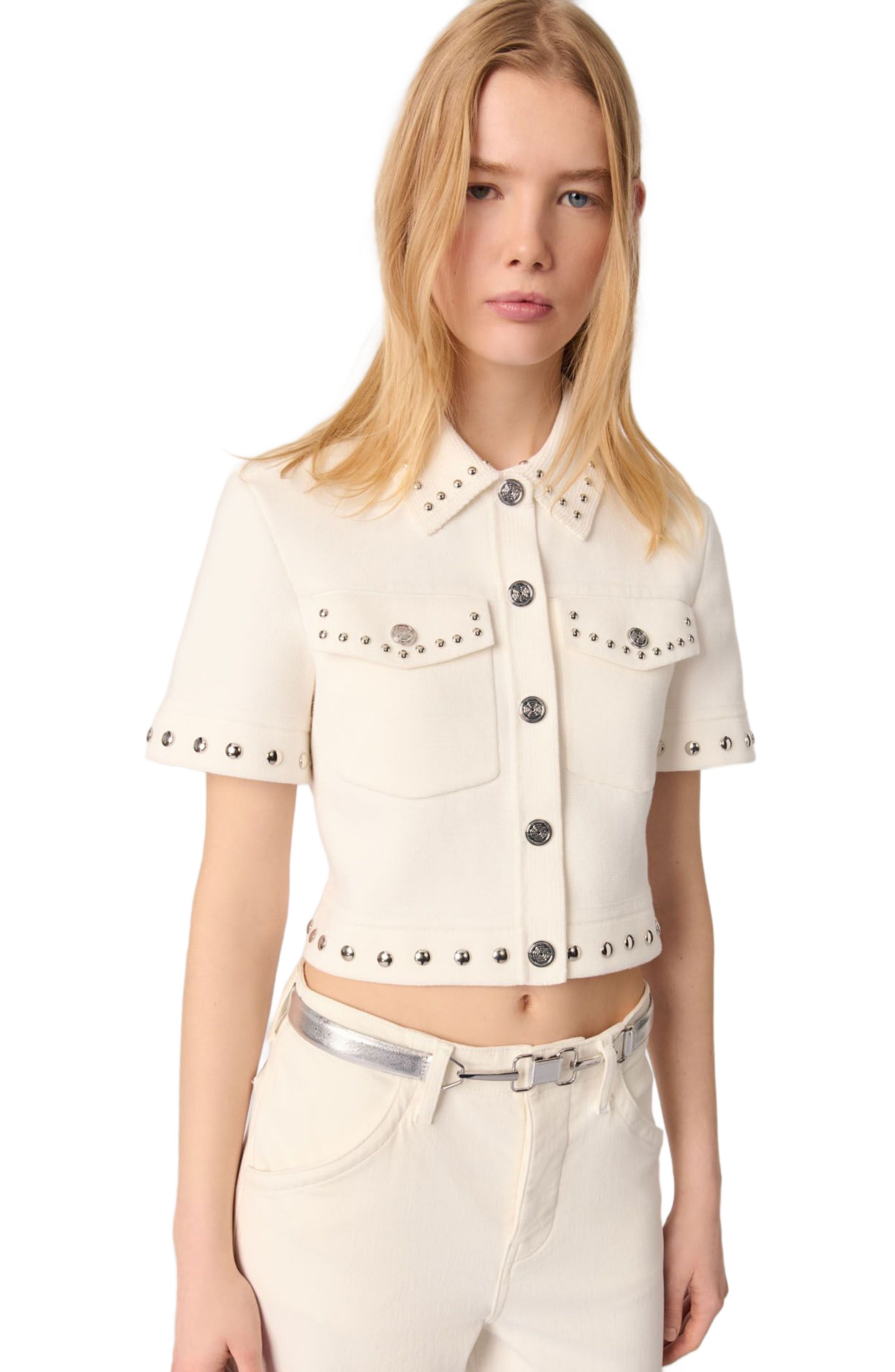 maje Studded cropped cardigan in Ecru at Nordstrom - 5
