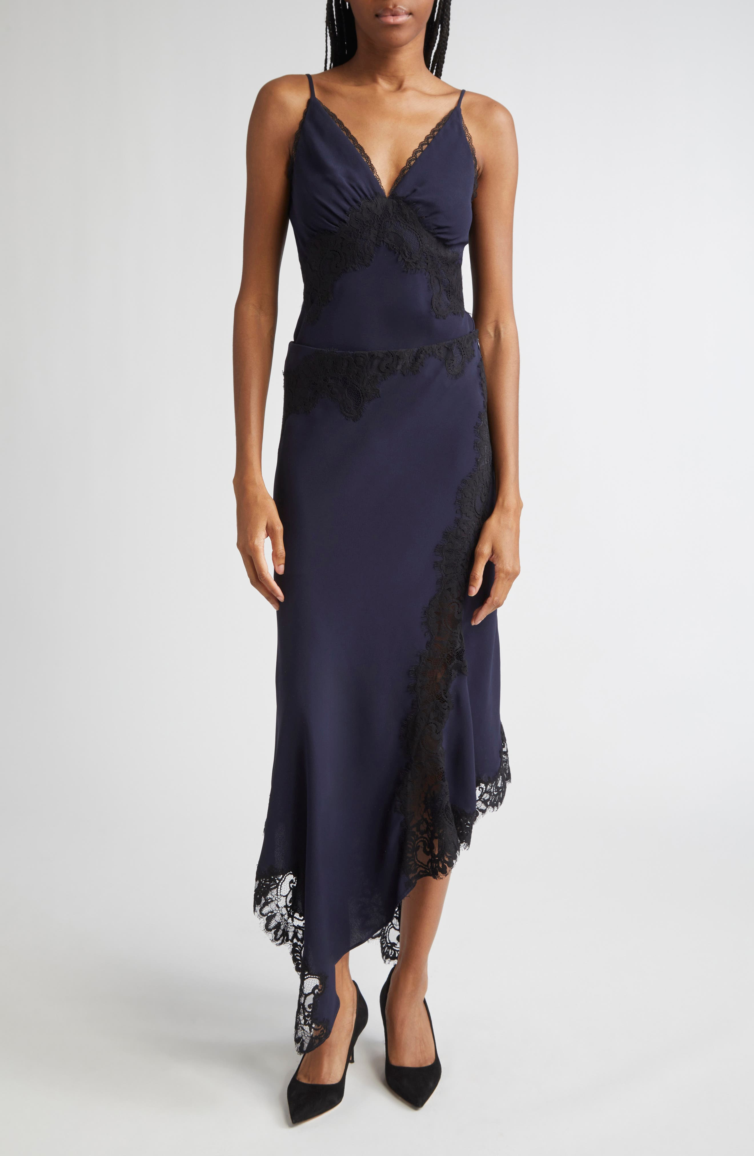 Veronica Beard Hartley Lace Detail Asymmetric Slip Skirt in Navy at Nordstrom - 2