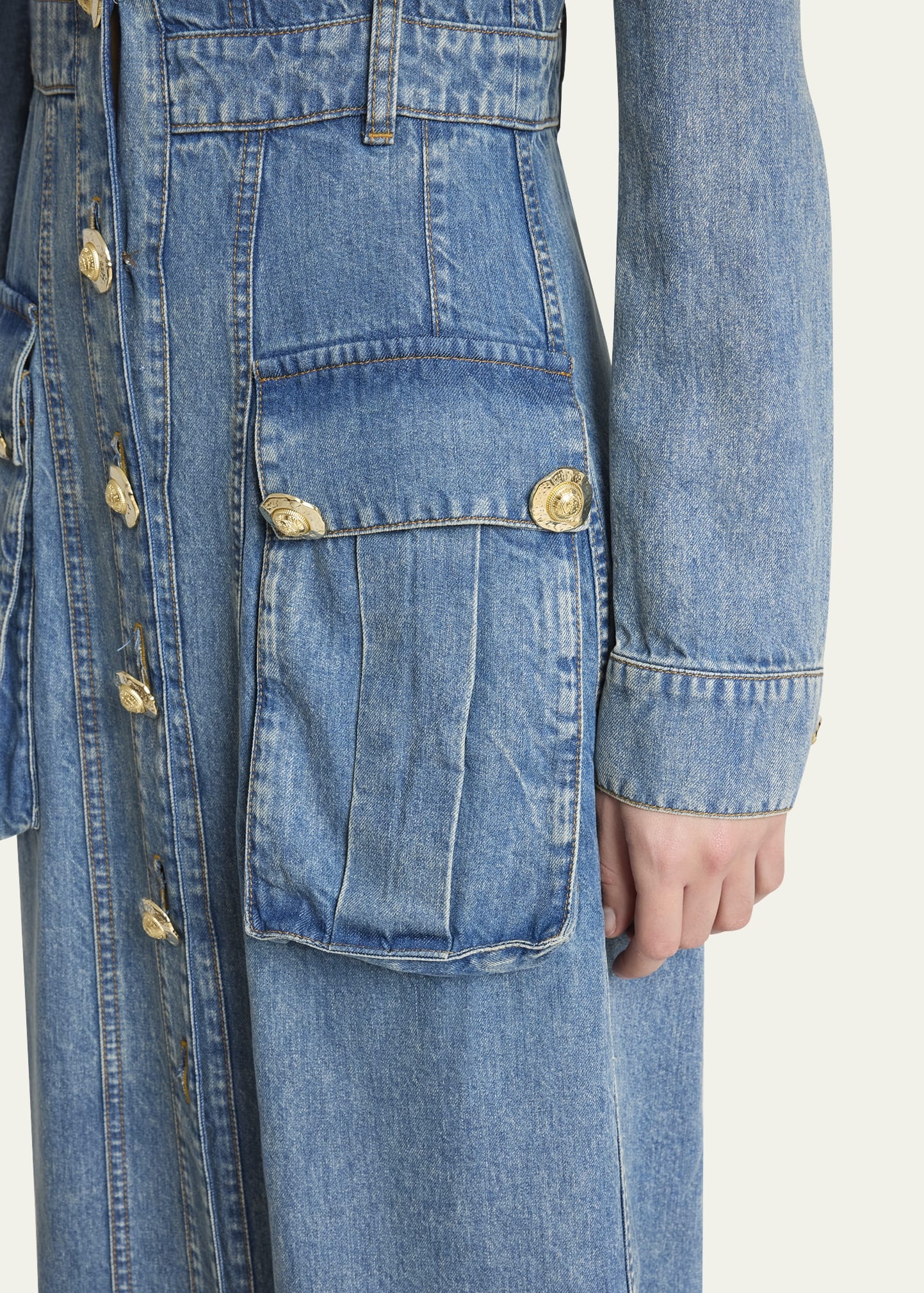 Belted Pocket Detail V-Neck Denim Midi Dress - 5