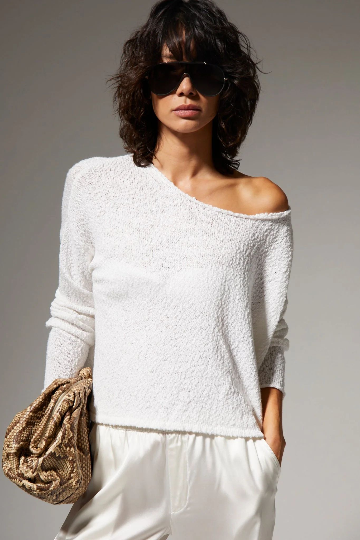 COTTON BOUCLÉ OFF SHOULDER SWEATER - 1