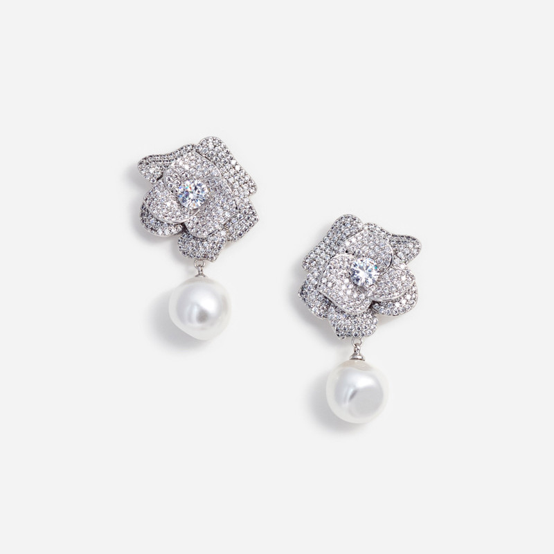 Crystal Flower Pearl Earrings 1