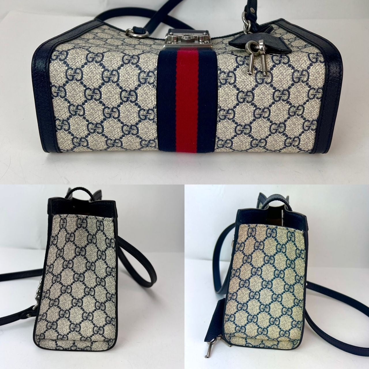 Gucci GG Supreme Dollar Calfskin Web Small Padlock Navy Tote - 12