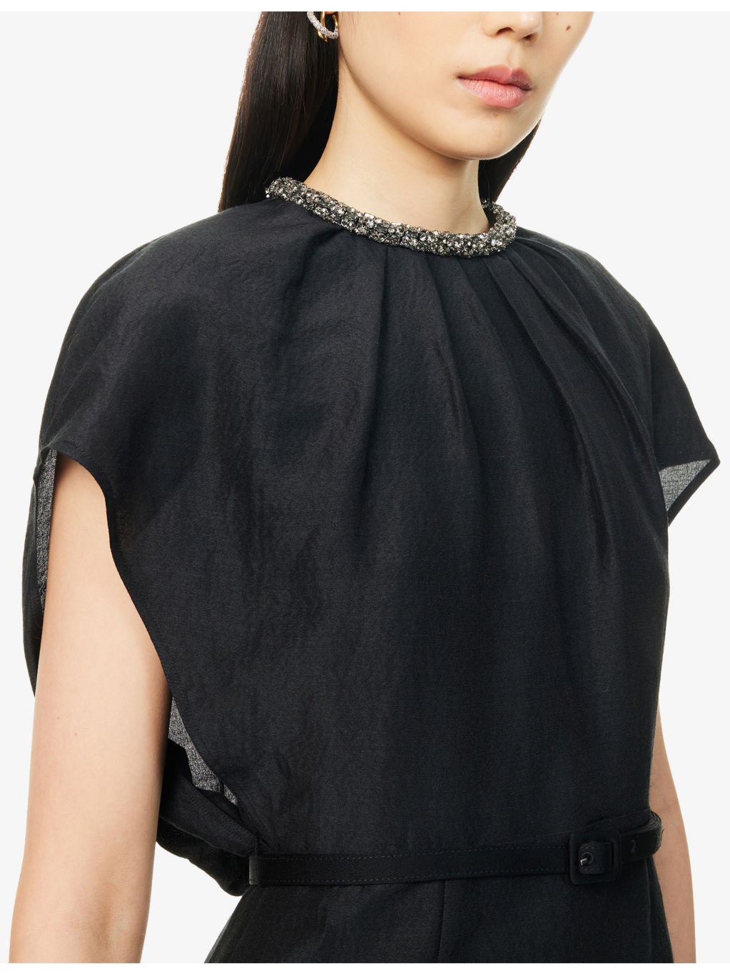 Rhinestone-Embellished Cap-Sleeves Woven Midi Dress - 5