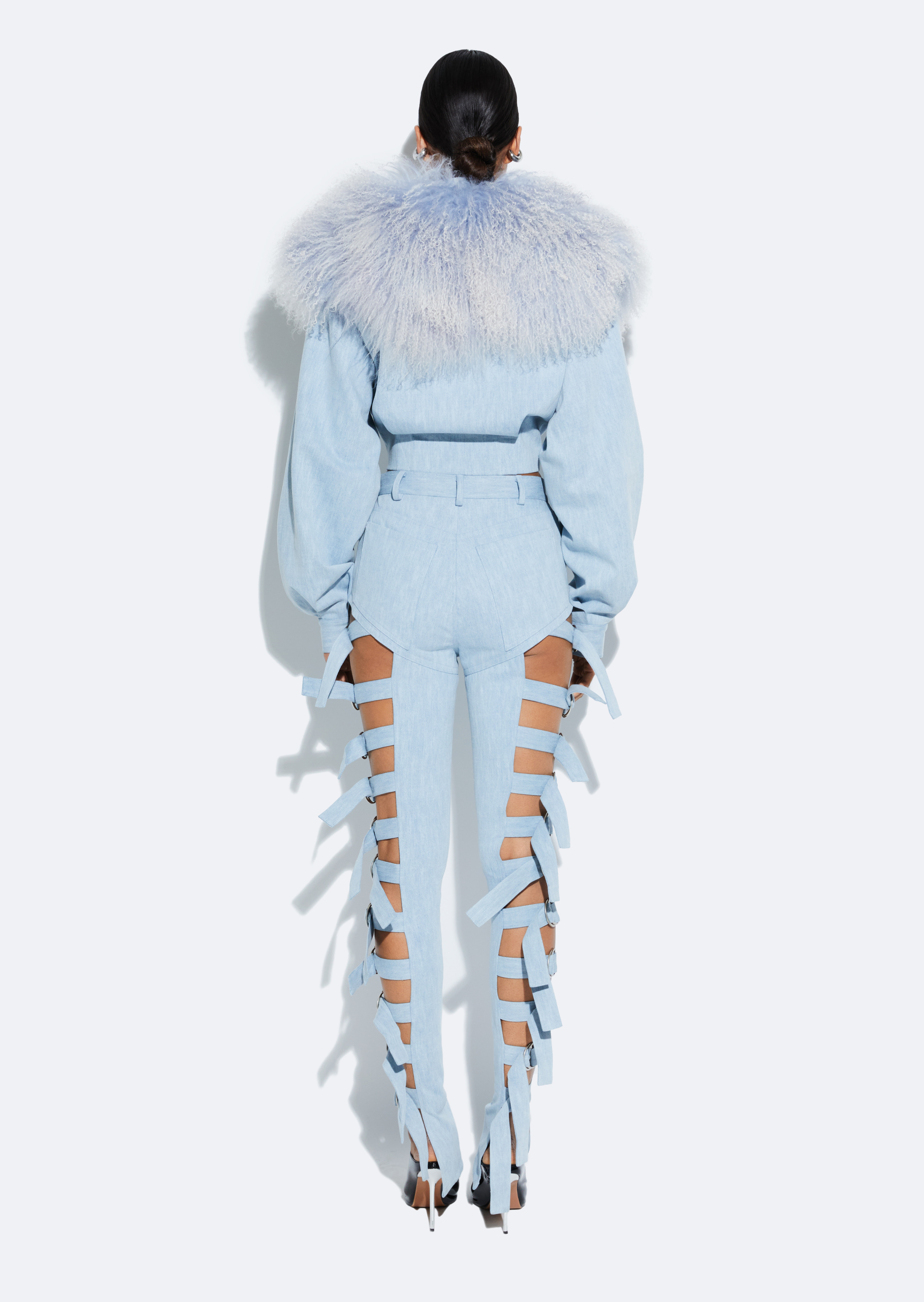 Washed Denim Biker Jacket With Shearling Collar - 4