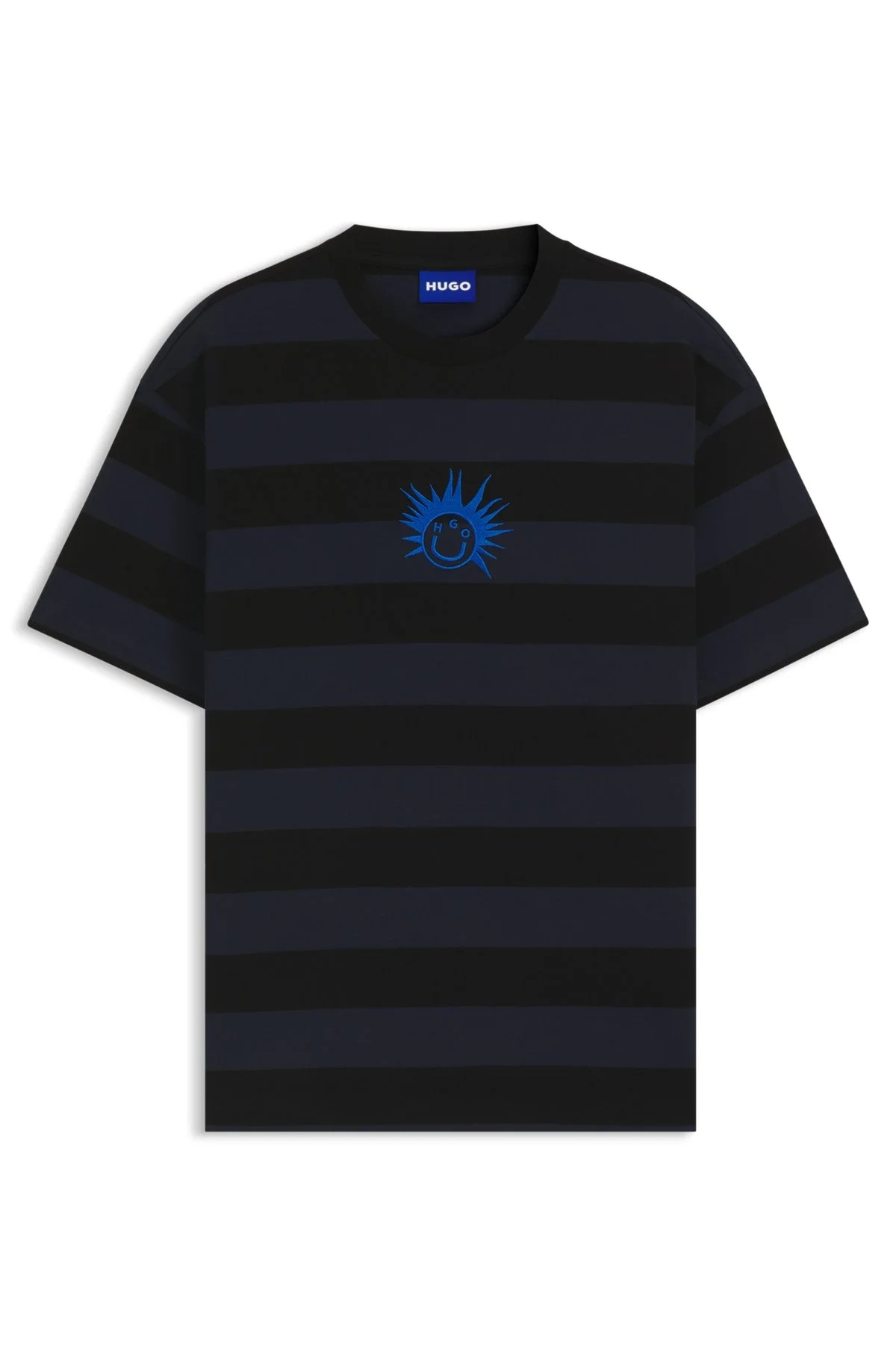 STRIPED-COTTON T-SHIRT WITH HAPPY HUGO LOGO - 1