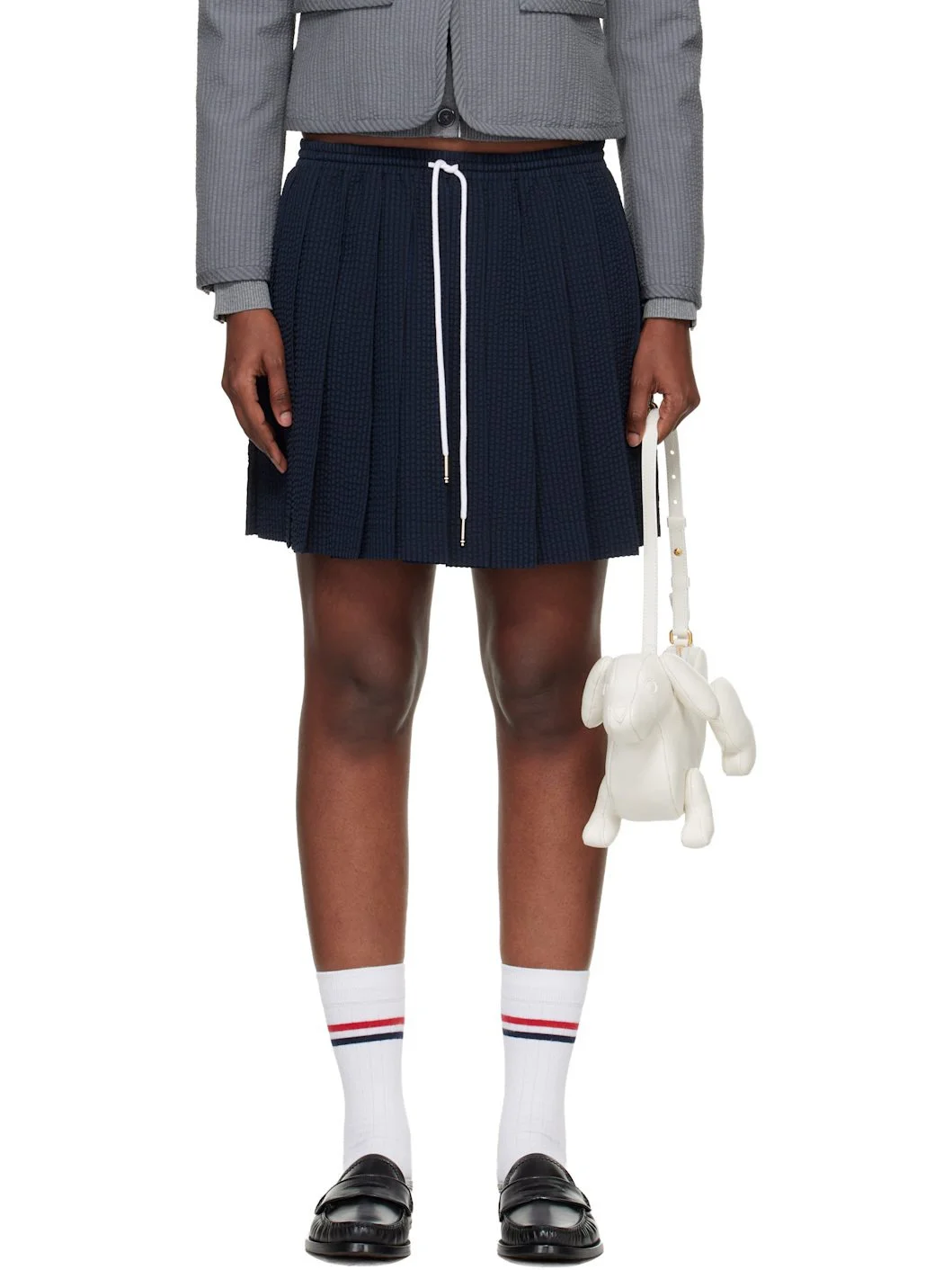 Navy & Black Wool Seersucker Drawstring Pleated Miniskirt - 1