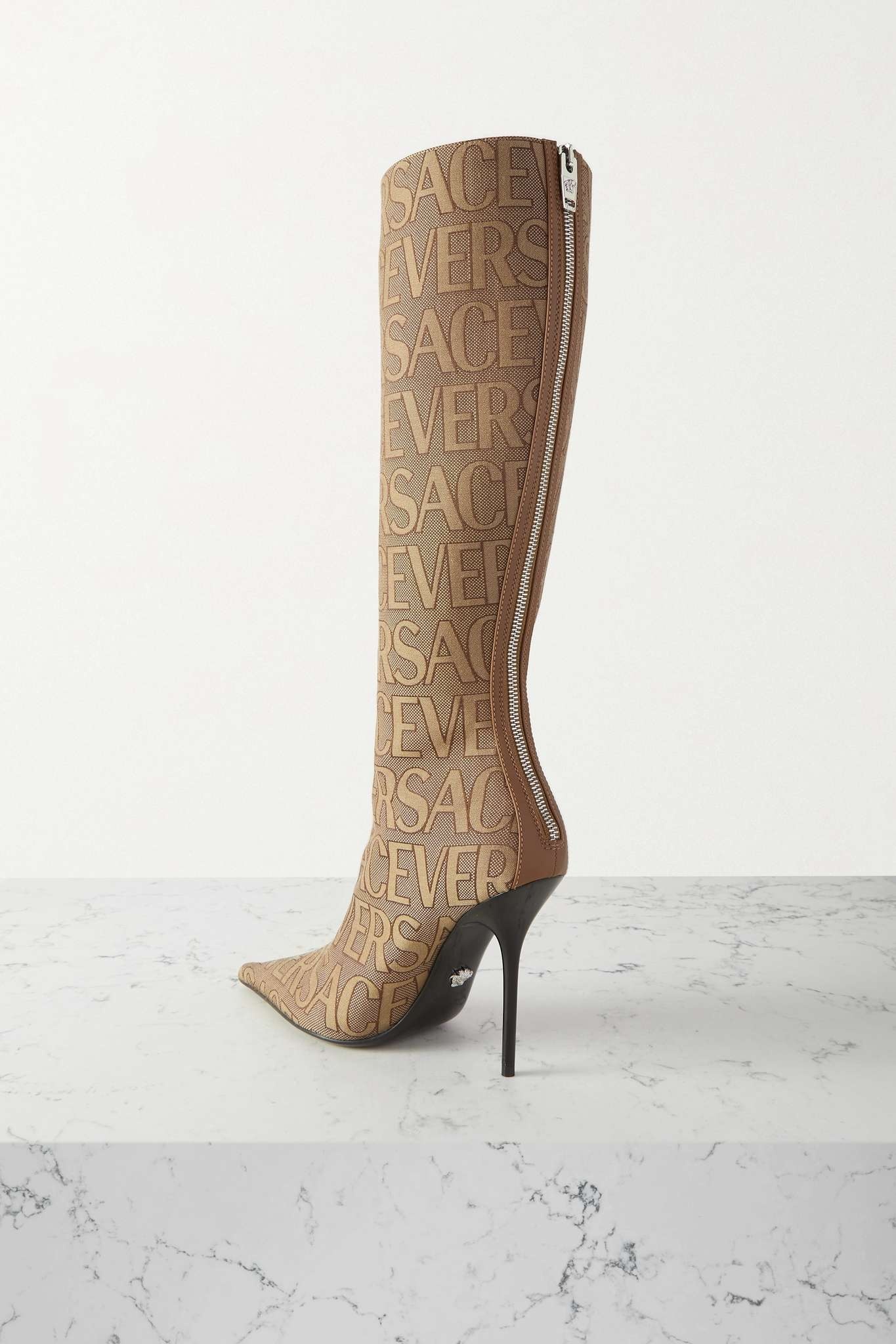 Leather-trimmed canvas-jacquard knee boots - 3