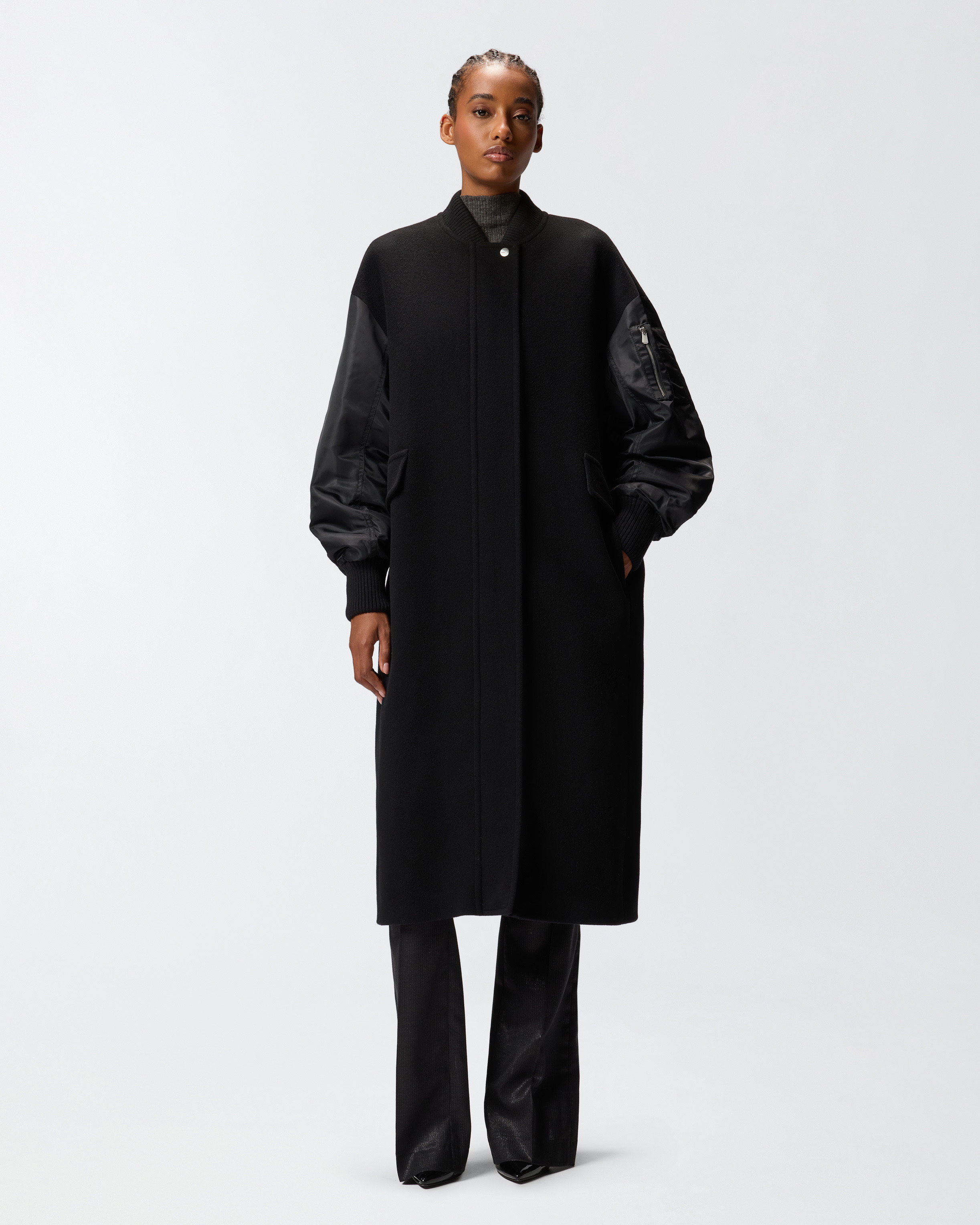 LONG TECHNICAL SATIN AND CLOTH COAT - 3