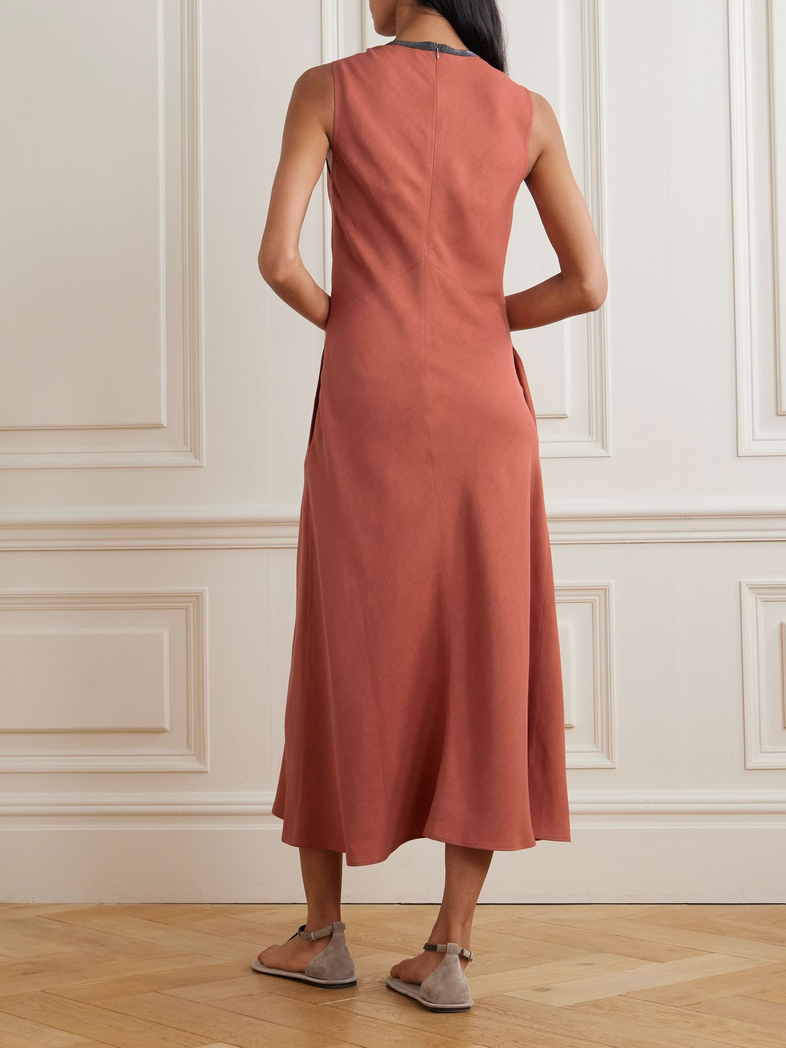 Bead-embellished twill midi dress Orange - 3