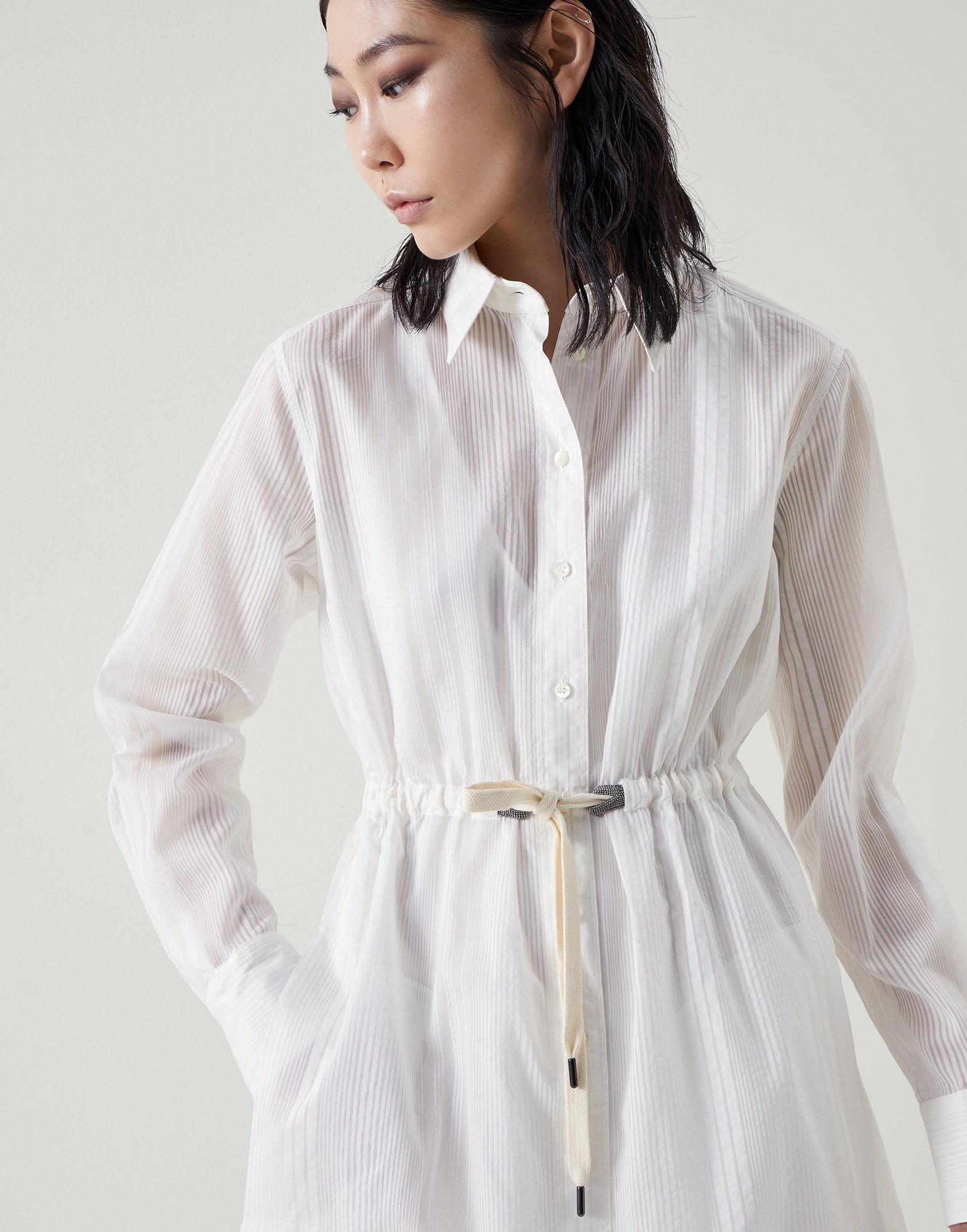 Cotton and silk sheer stripe organza belted shirt dress with precious eyelets - 4