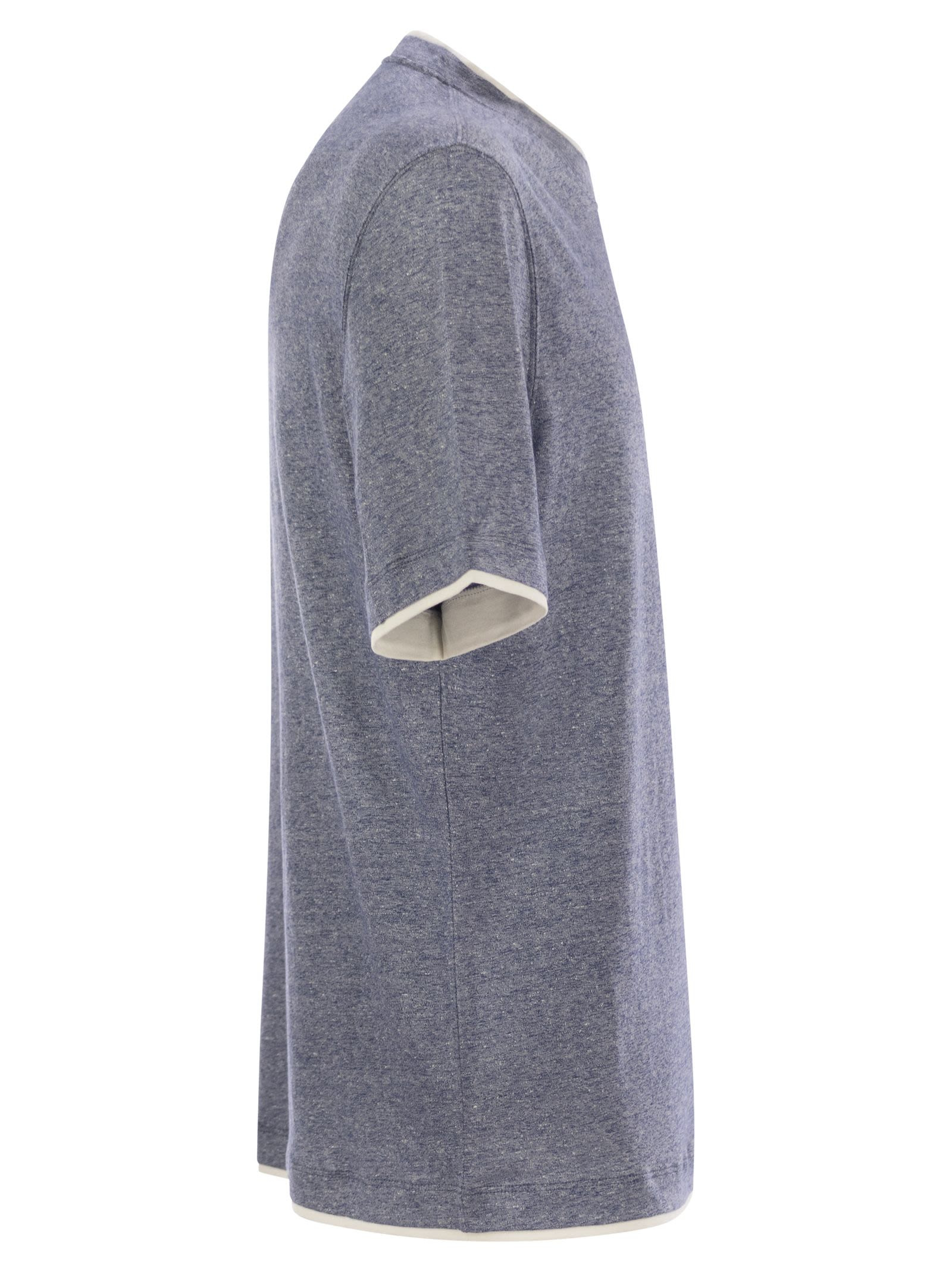 Brunello Cucinelli Men Crew-Neck T-Shirt In Linen And Cotton Jersey With Faux Layering - 3