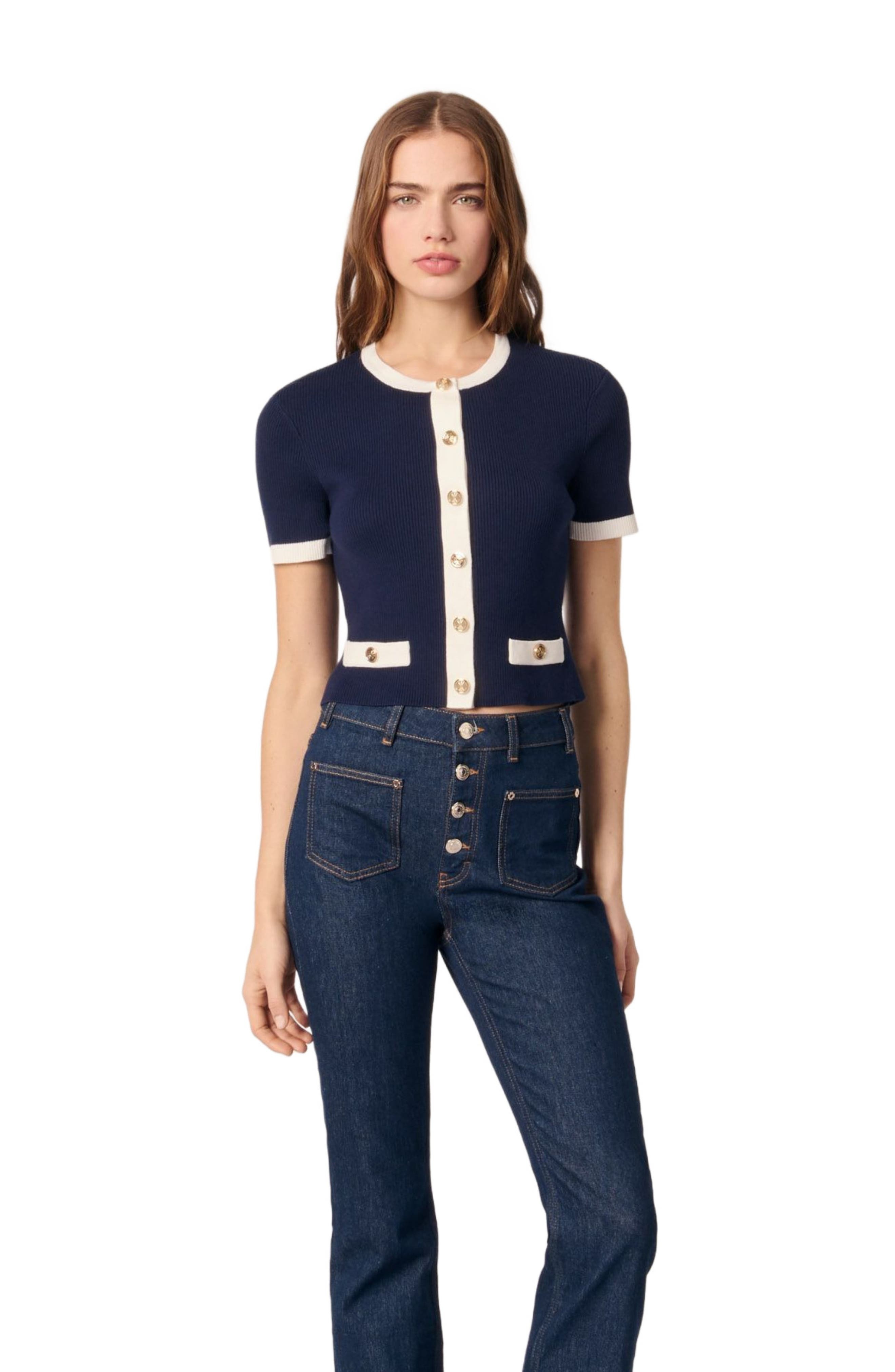 maje Cropped short sleeve cardigan in Navy /Ecru at Nordstrom - 1