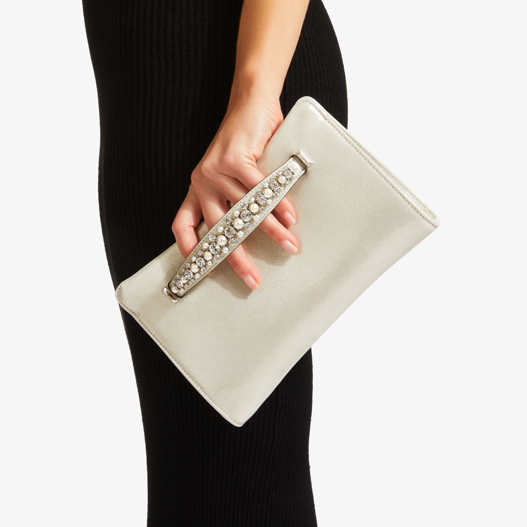 Venus
Champagne Shimmer Suede Clutch Bag with Pearl and Crystal Bracelet Handle - 3