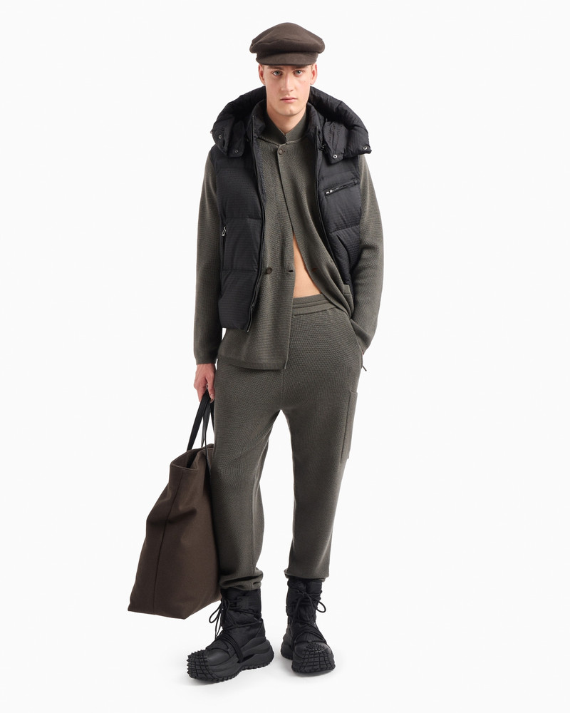 EMPORIO ARMANI Zipped, hooded sleeveless down jacket in jacquard nylon with all-over logo lettering outlook