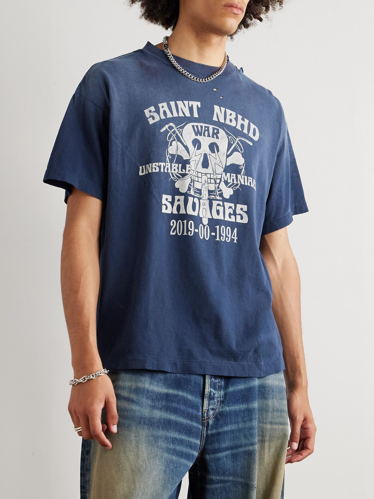 + Neighborhood Distressed Logo-Print Cotton-Jersey T-Shirt Navy - 3