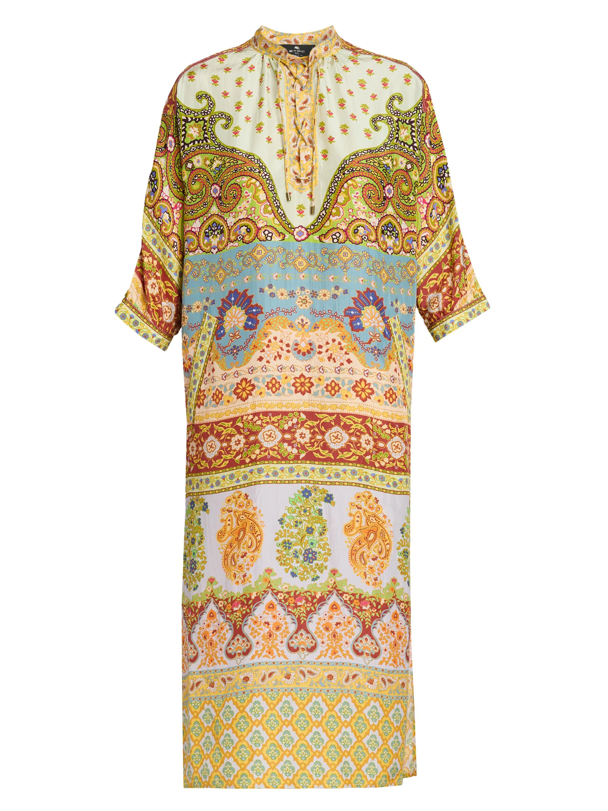 Women's Floral Silk Lace-Up Tunic Midi-Dress - Printed Azure Base - 1