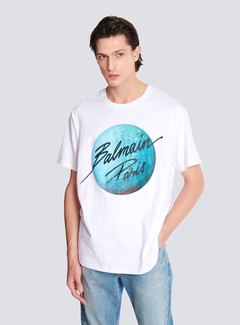 Printed Balmain Paris logo and planet T-shirt 6