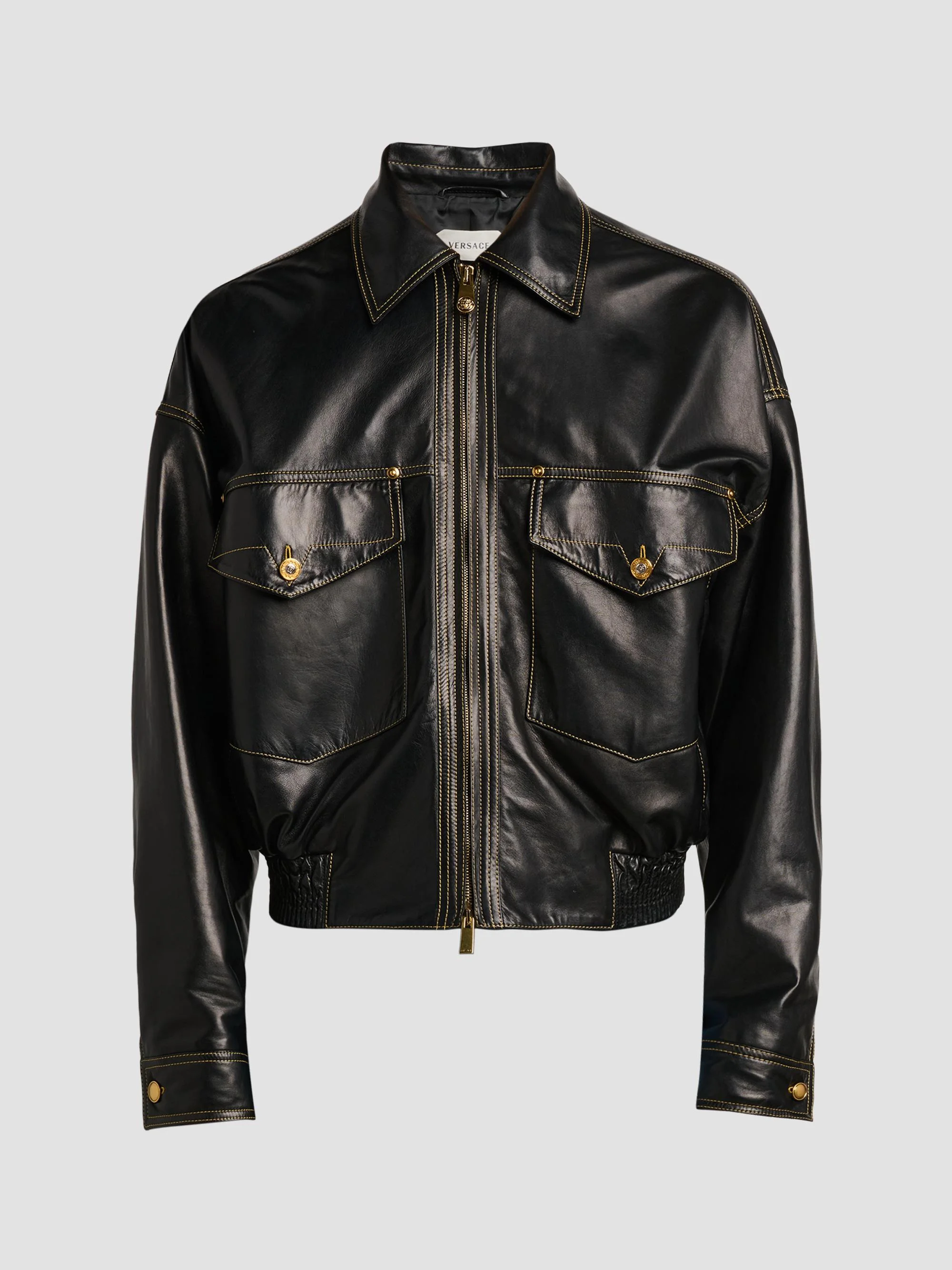 Men's Leather Bomber Jacket - Black - 1