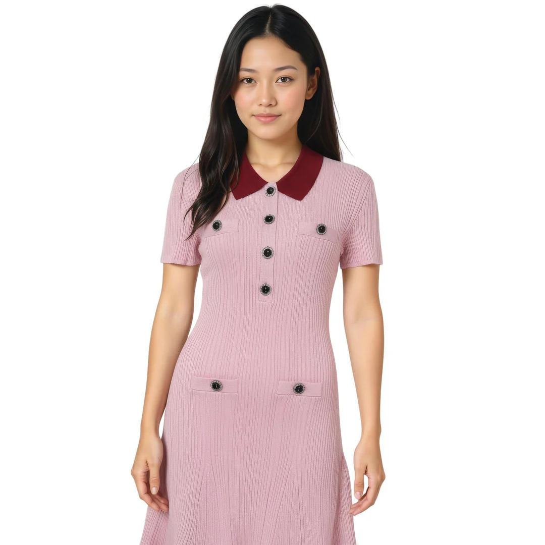 Pink Contrast Collar Knit Mini Dress - 2