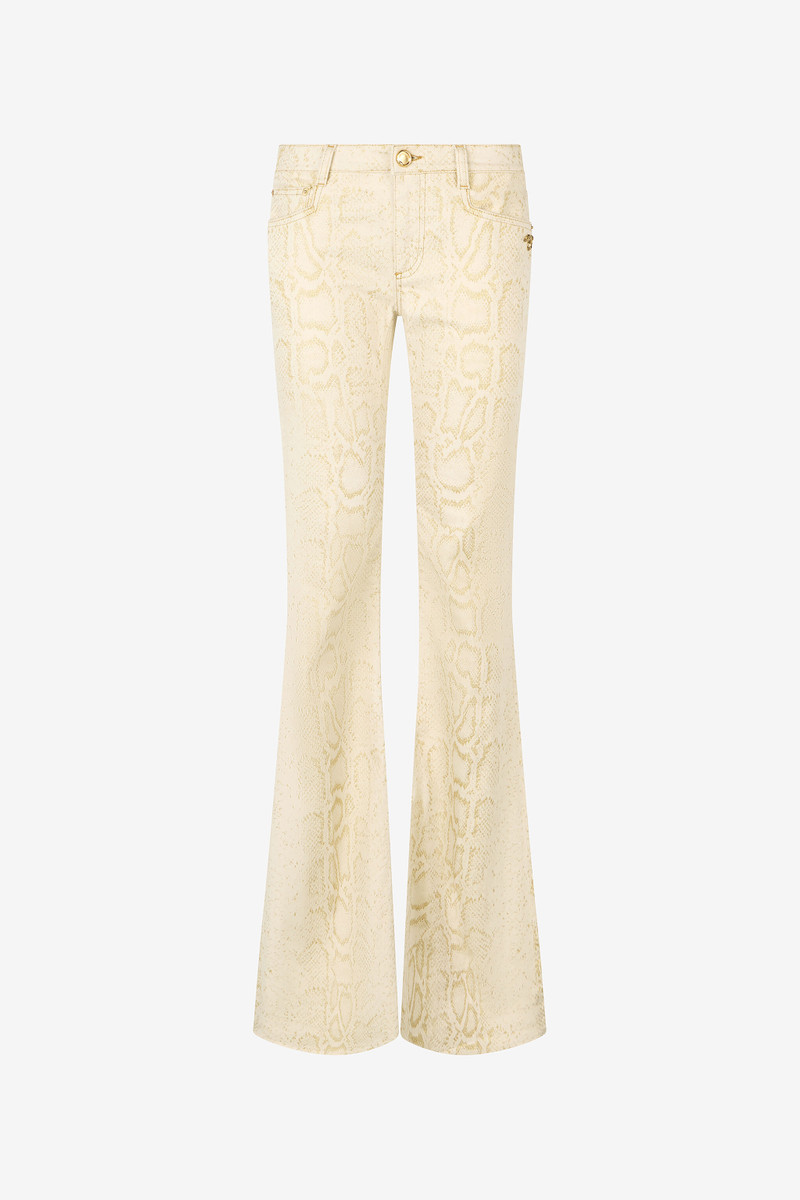 White Flared Jeans with Gold Python Motif 1