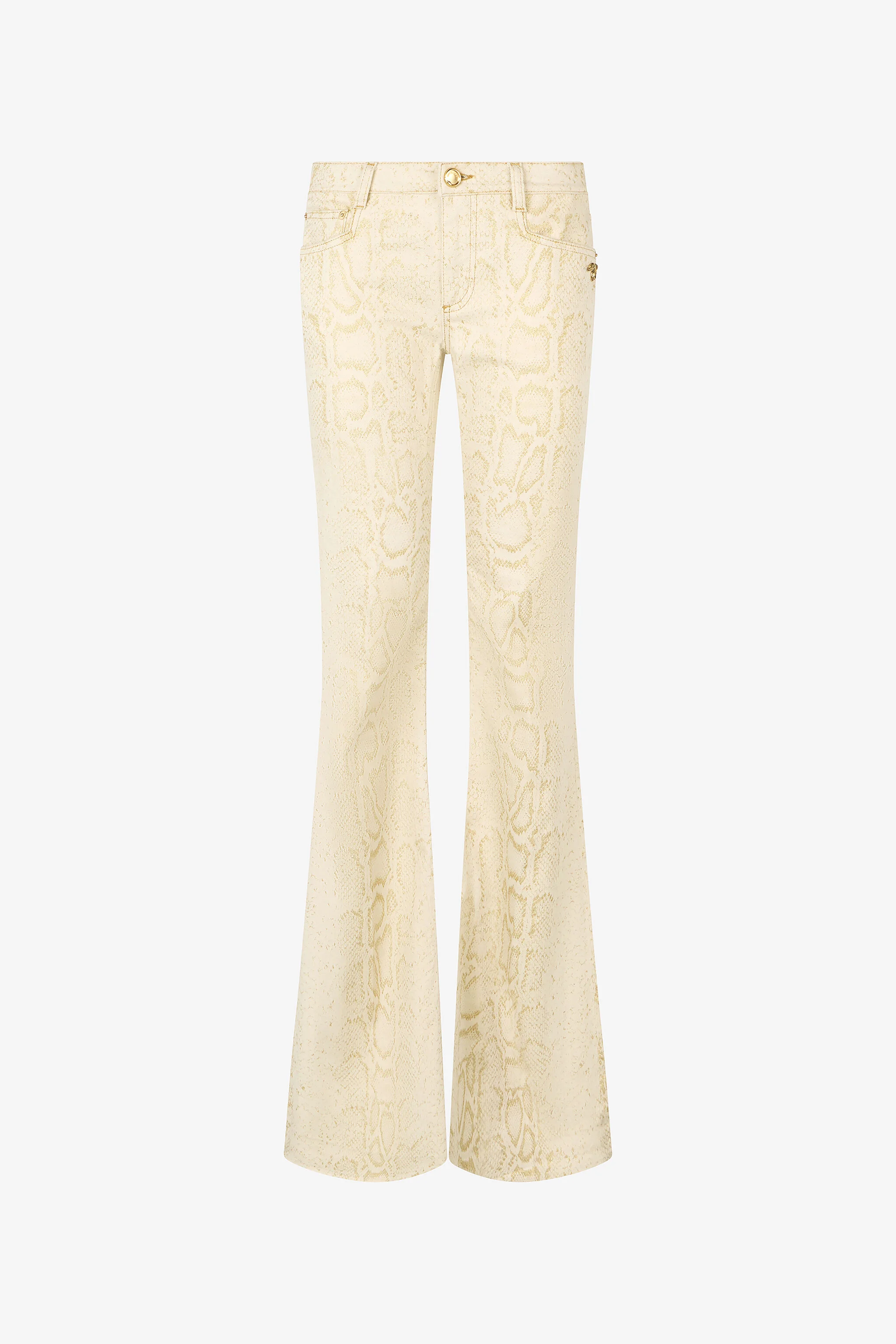 White Flared Jeans with Gold Python Motif - 1