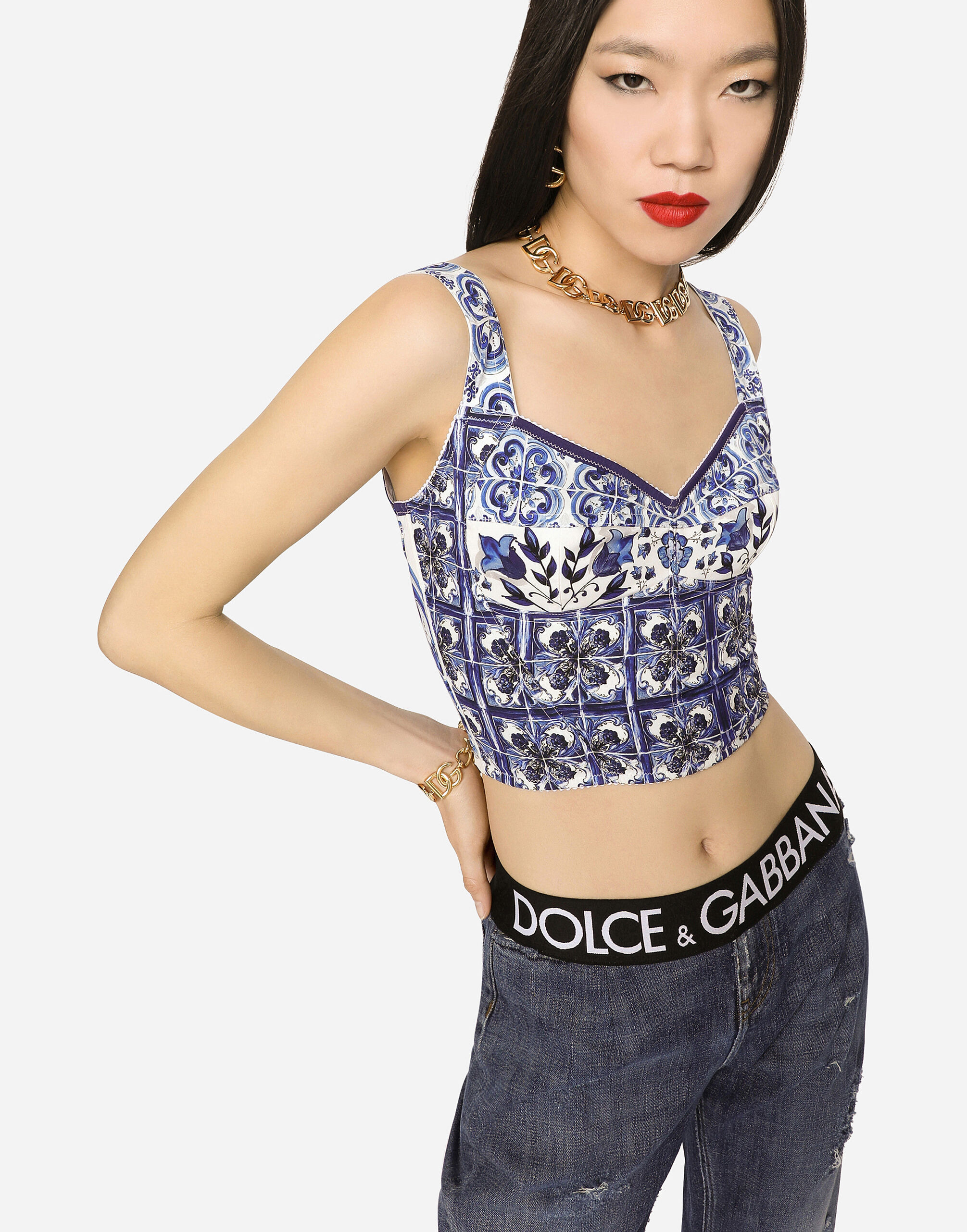 Majolica-print charmeuse corset - 5