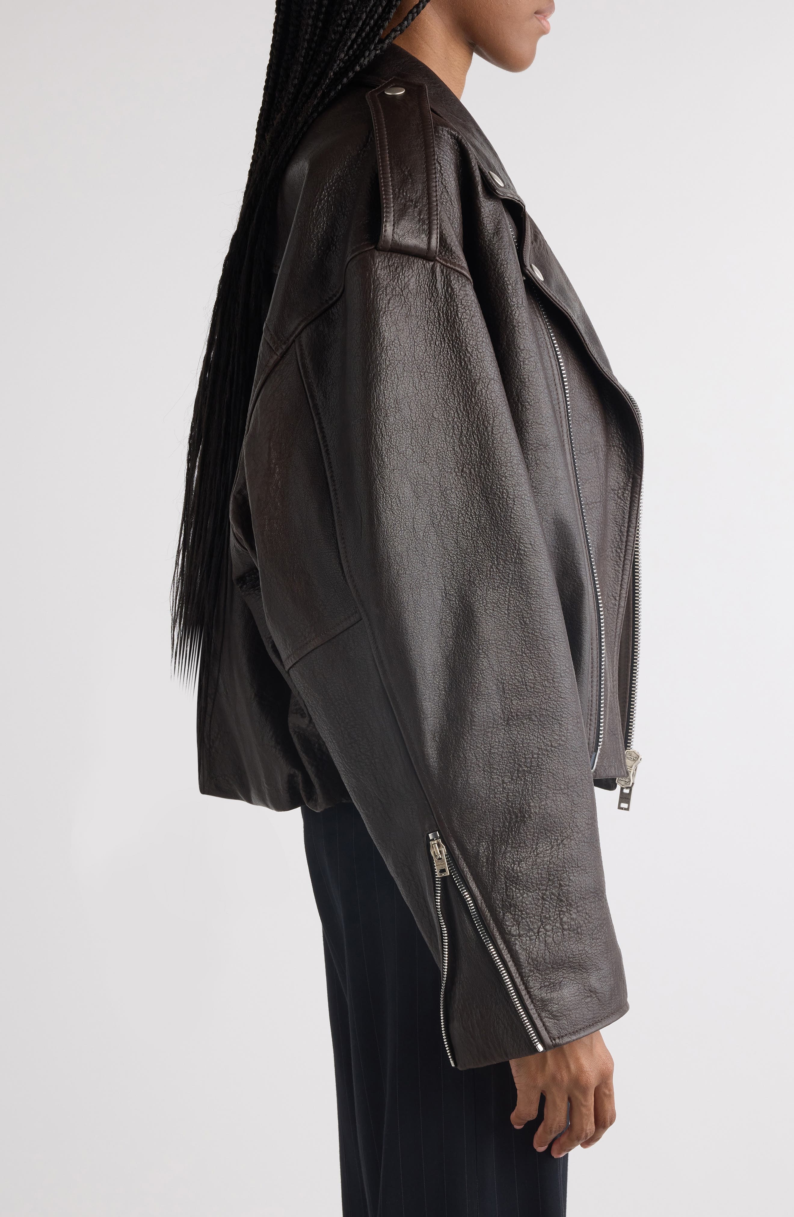Acne Studios Liso Leather Crop Moto Jacket in Dark Brown at Nordstrom - 4