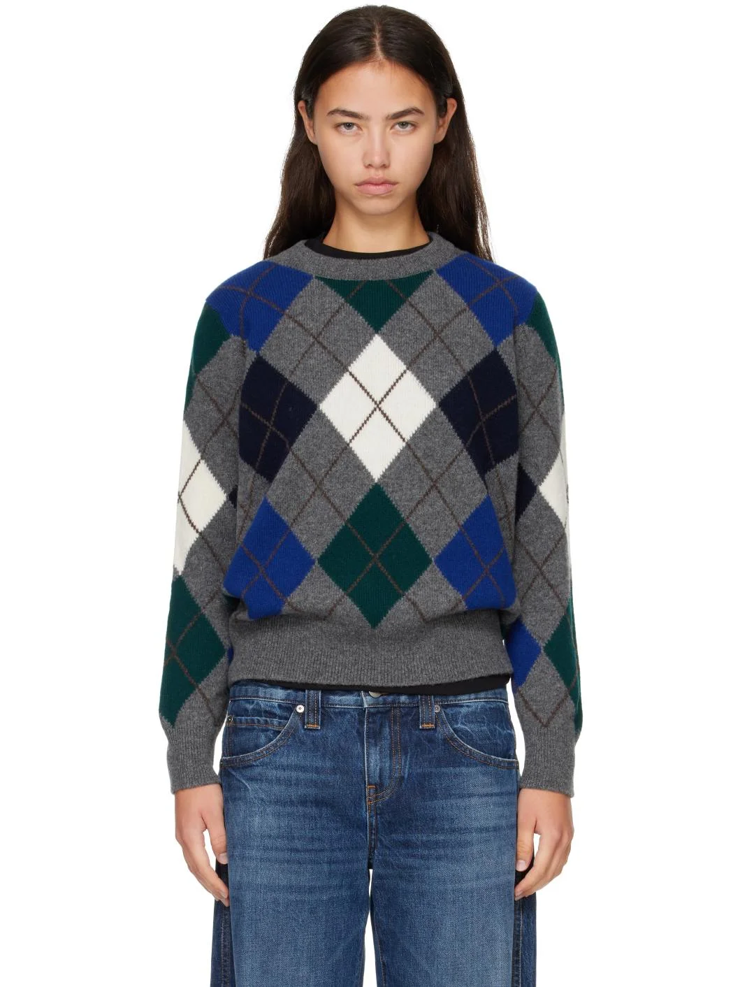Gray Ava Argyle Crewneck Sweater - 1