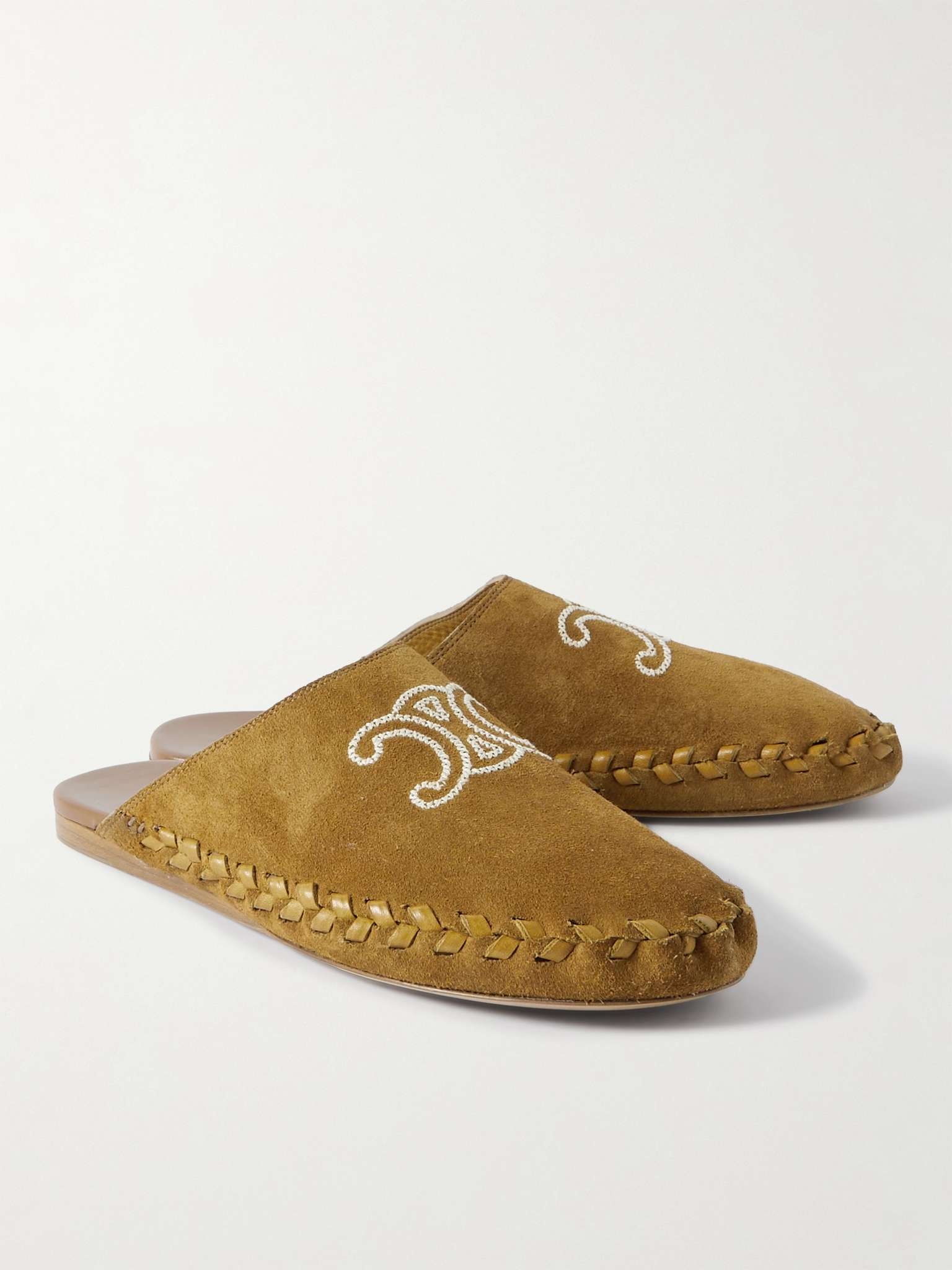 CELINE Leather-Trimmed Logo-Embroidered Suede Mules
