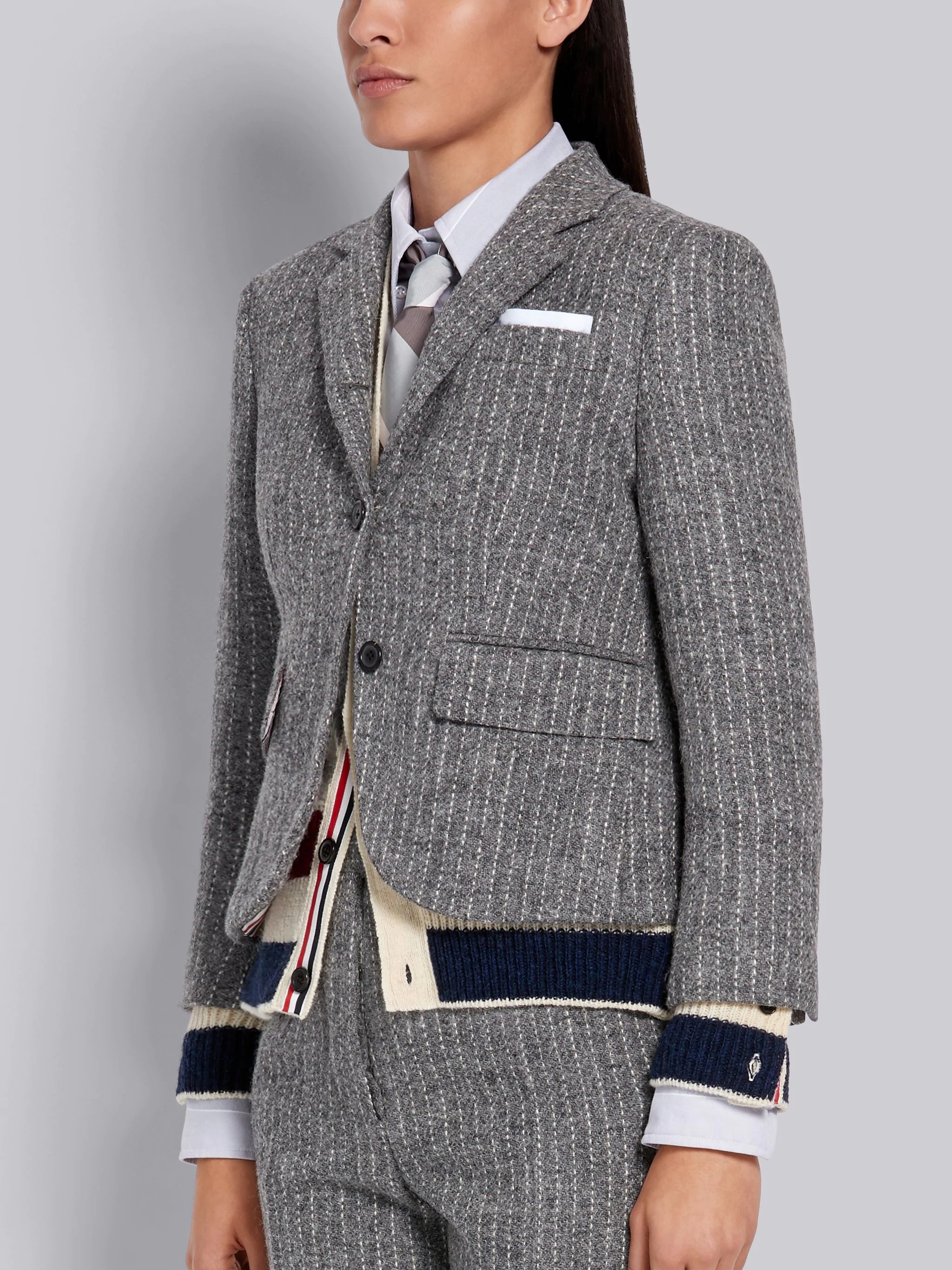 Medium Grey Harris Wool Tweed Chalk Stripe High Armhole Jacket - 2