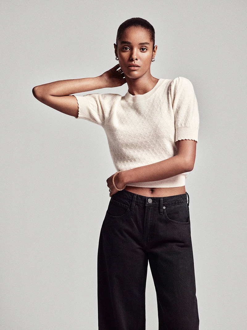 FRAME Pointelle Puff Sleeve Sweater in Cream outlook