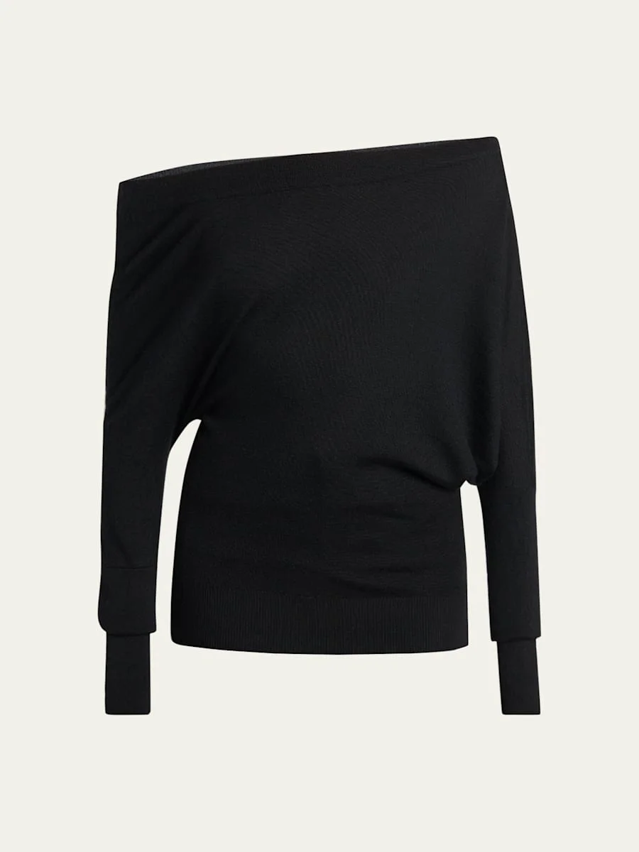 Wool-Silk Asymmetric Off-Shoulder Sweater - 1