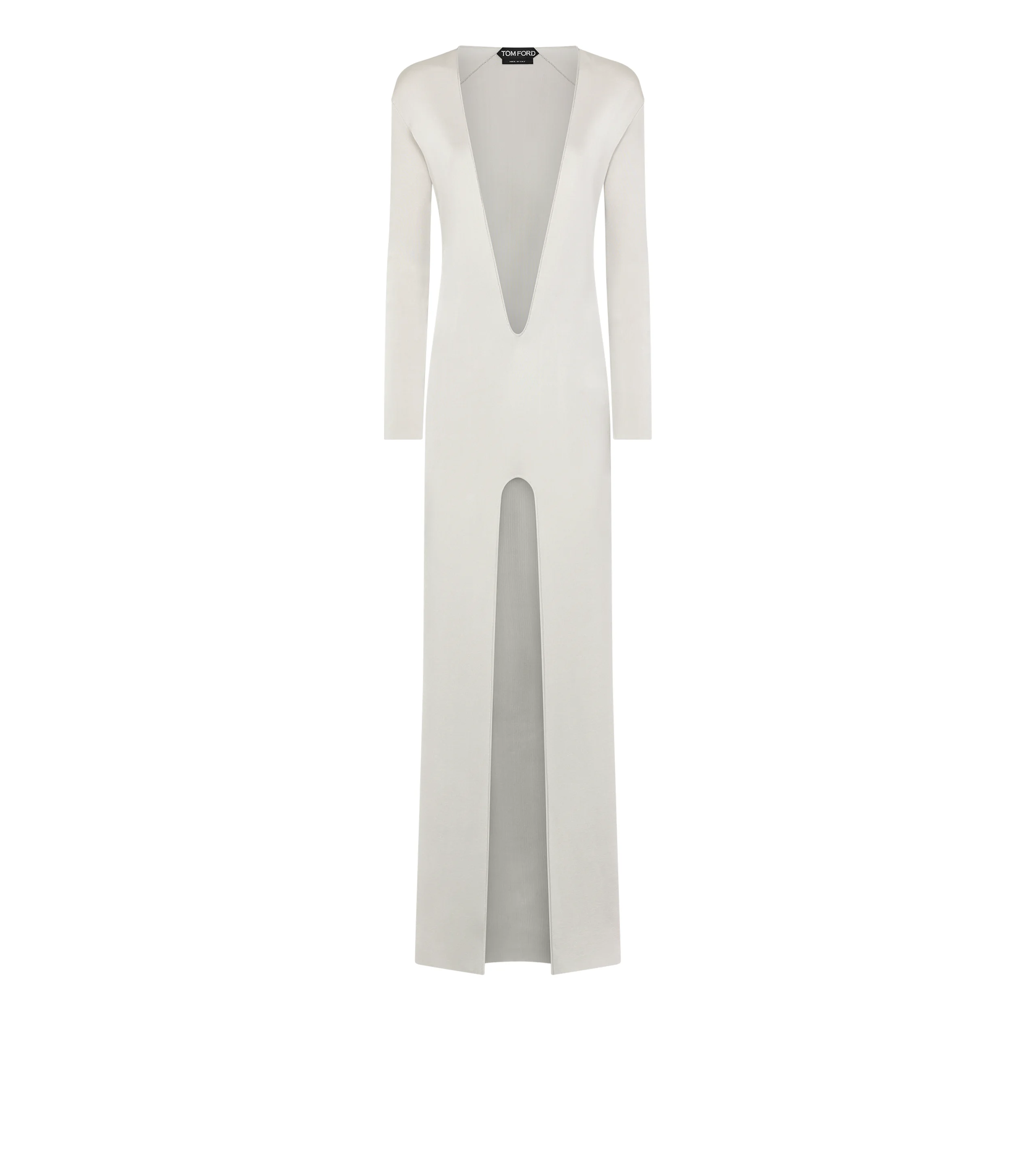 PLUNGE NECK FINE KNIT EVENING DRESS WITH HIGH FRONT - 1