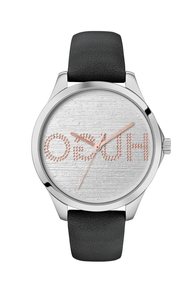 LEATHER-STRAP WATCH WITH EMBOSSED-DOT REVERSE-LOGO DIAL 1