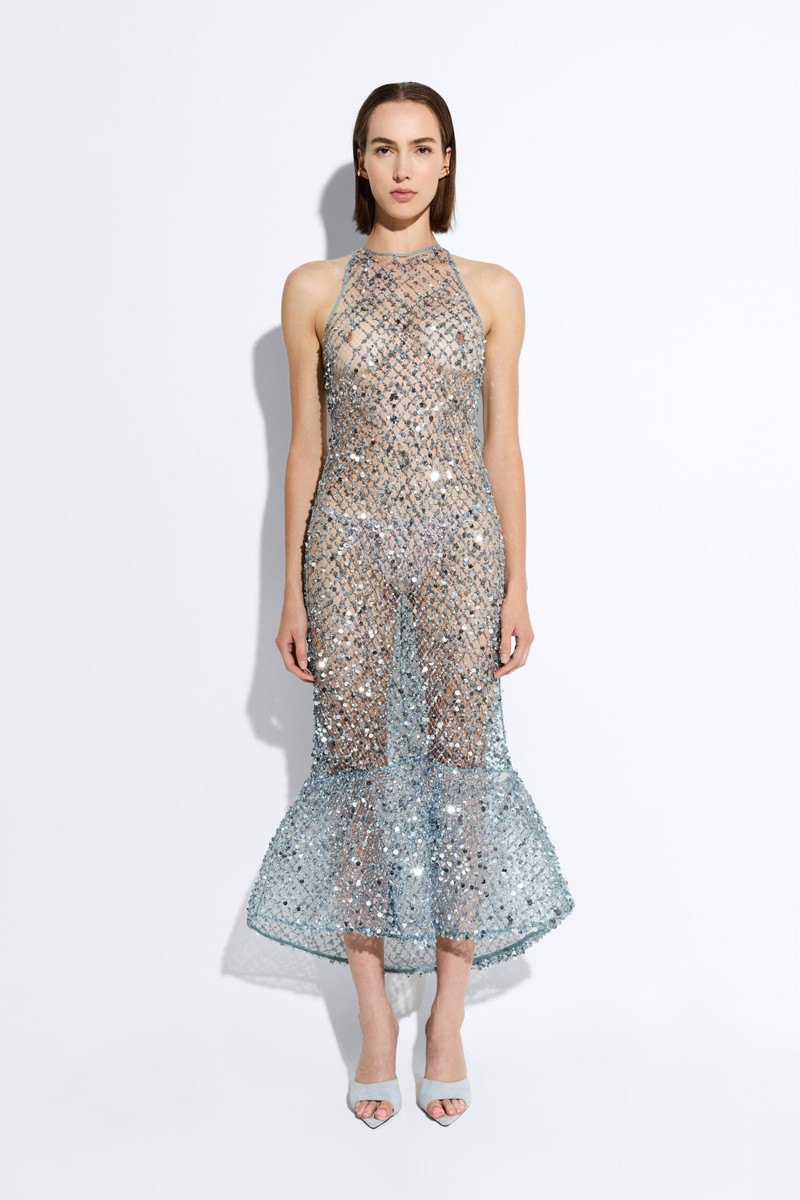 LAPOINTE Net Mesh Sequin High Low Midi Dress outlook