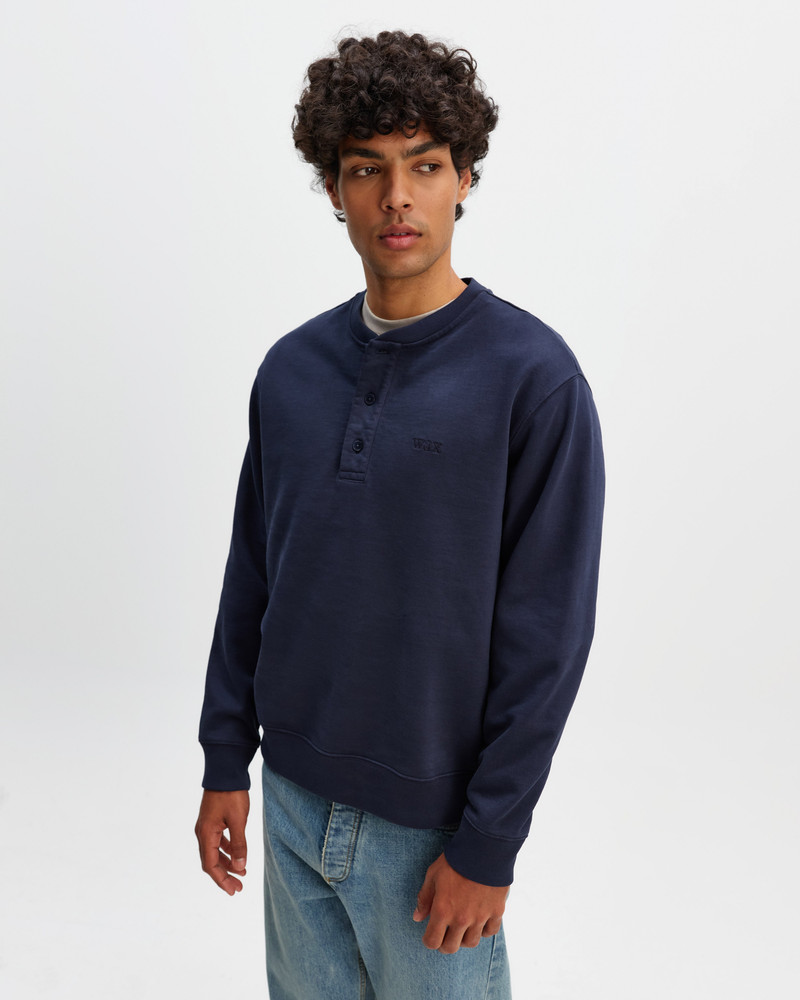 Wax London Bedford - Washed Navy Loopback Organic Cotton Henley Sweatshirt outlook