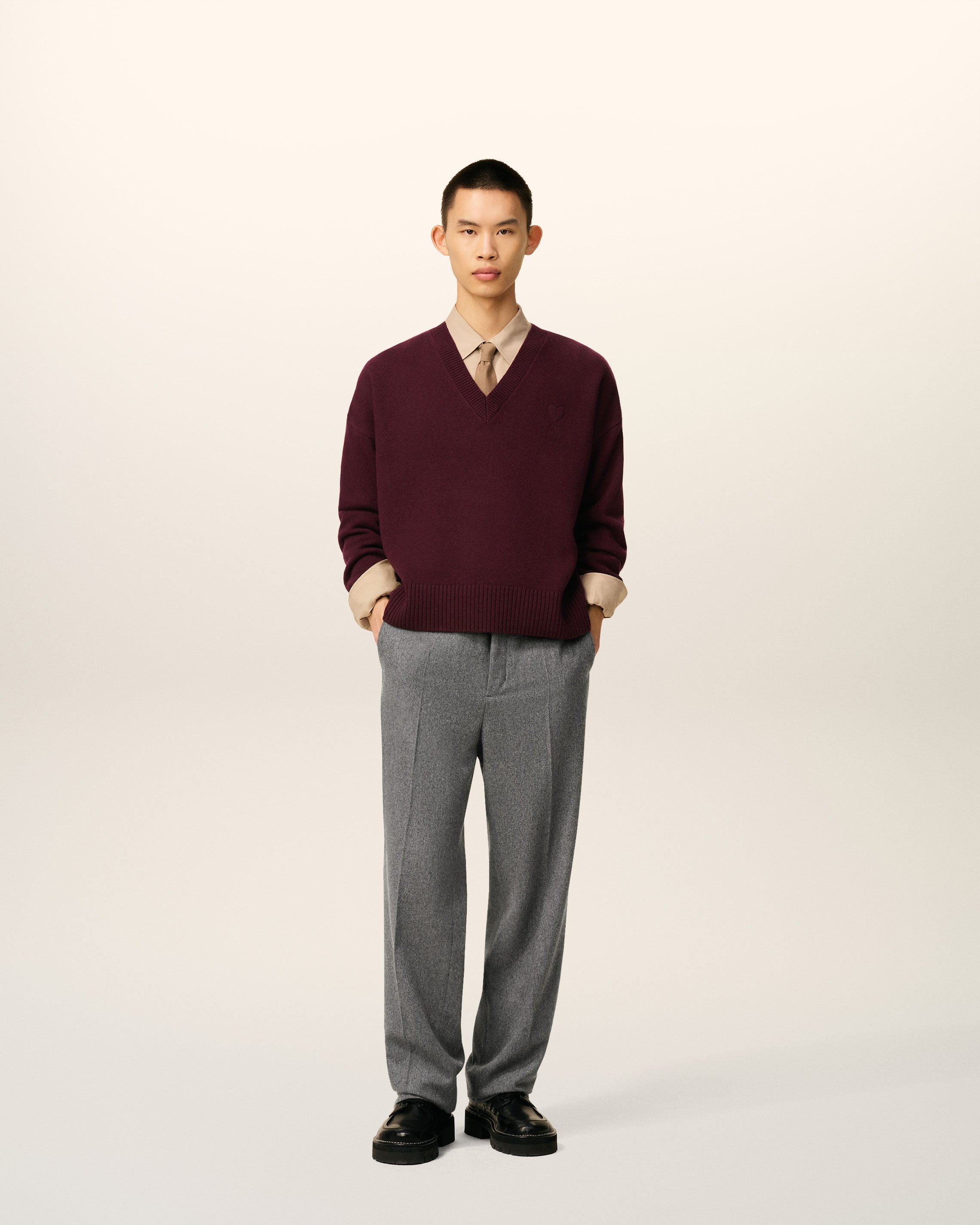 BURGUNDY WOOL AMI DE COEUR V NECK SWEATER - 8