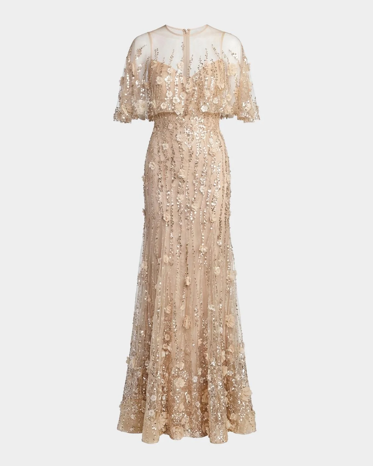 Beaded Chiffon Lace Cape Trumpet Gown - 1