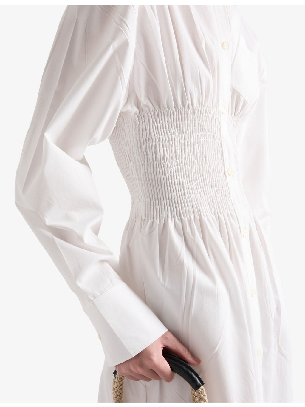 Smocking--Stitched Long-Sleeved Cotton-Canvas Midi Dress - 5