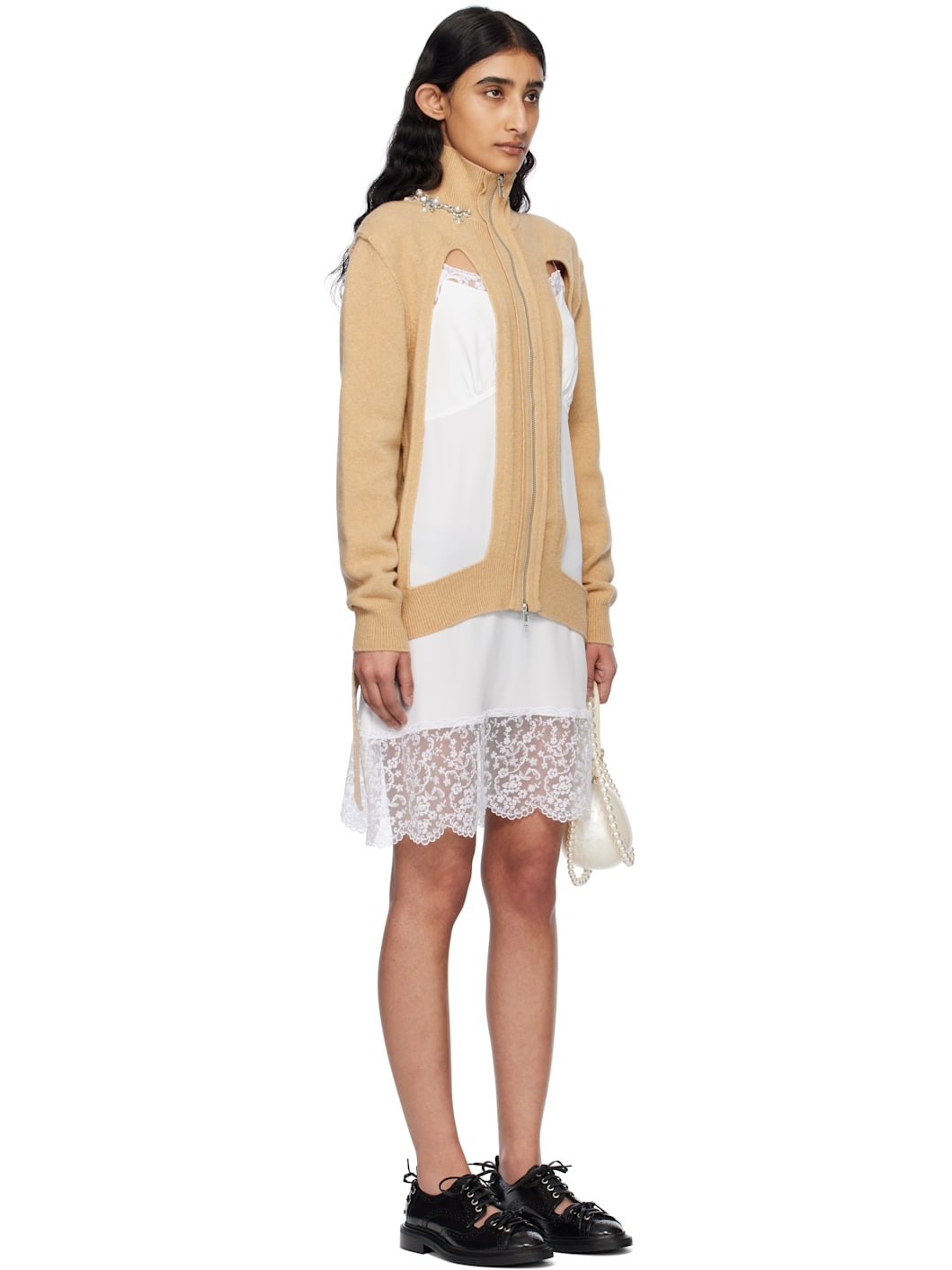 Beige Embellished Window Zip-Up Cardigan - 2